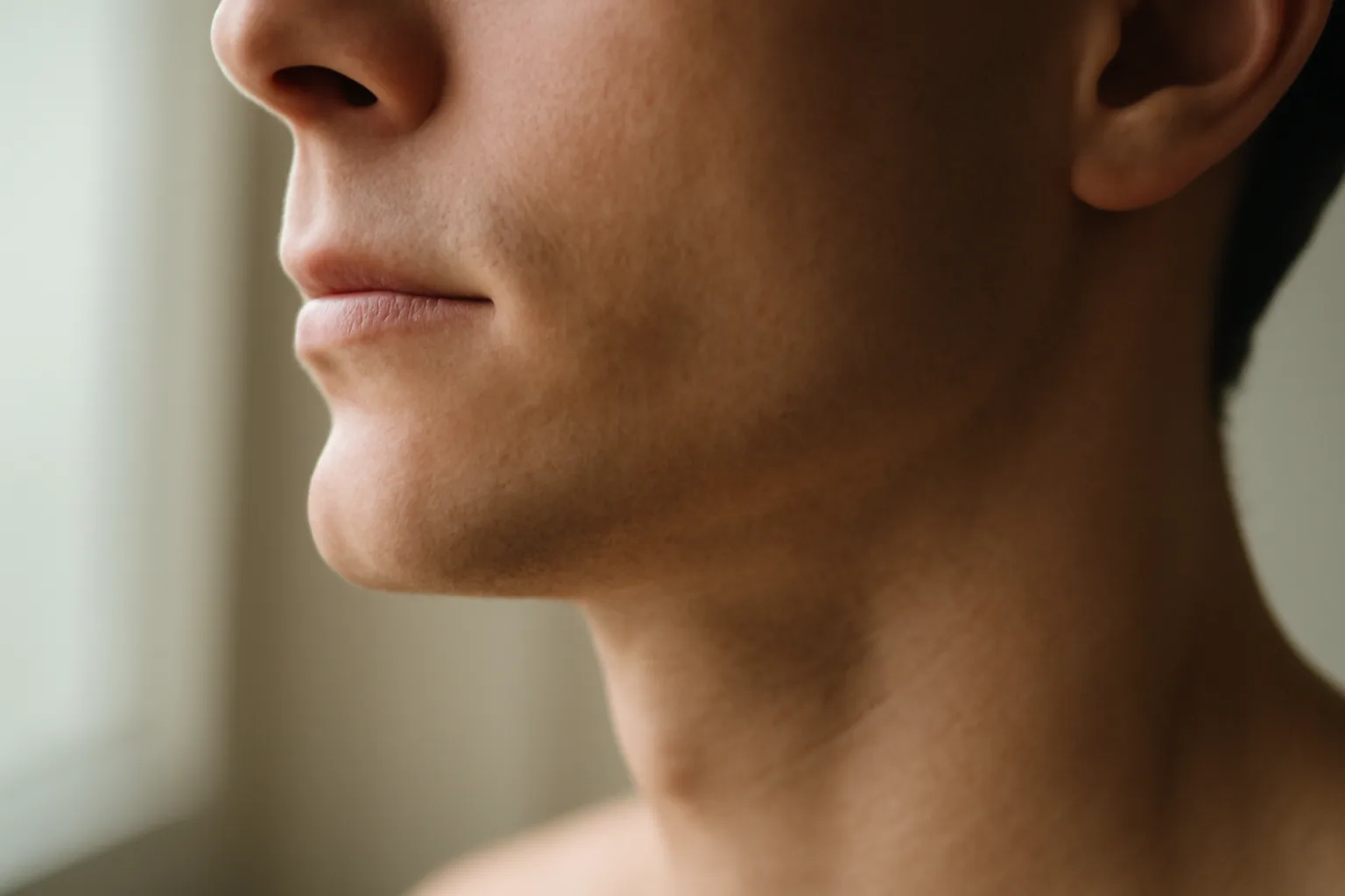 Close view of clean-shaven jawline showing skin texture in natural light