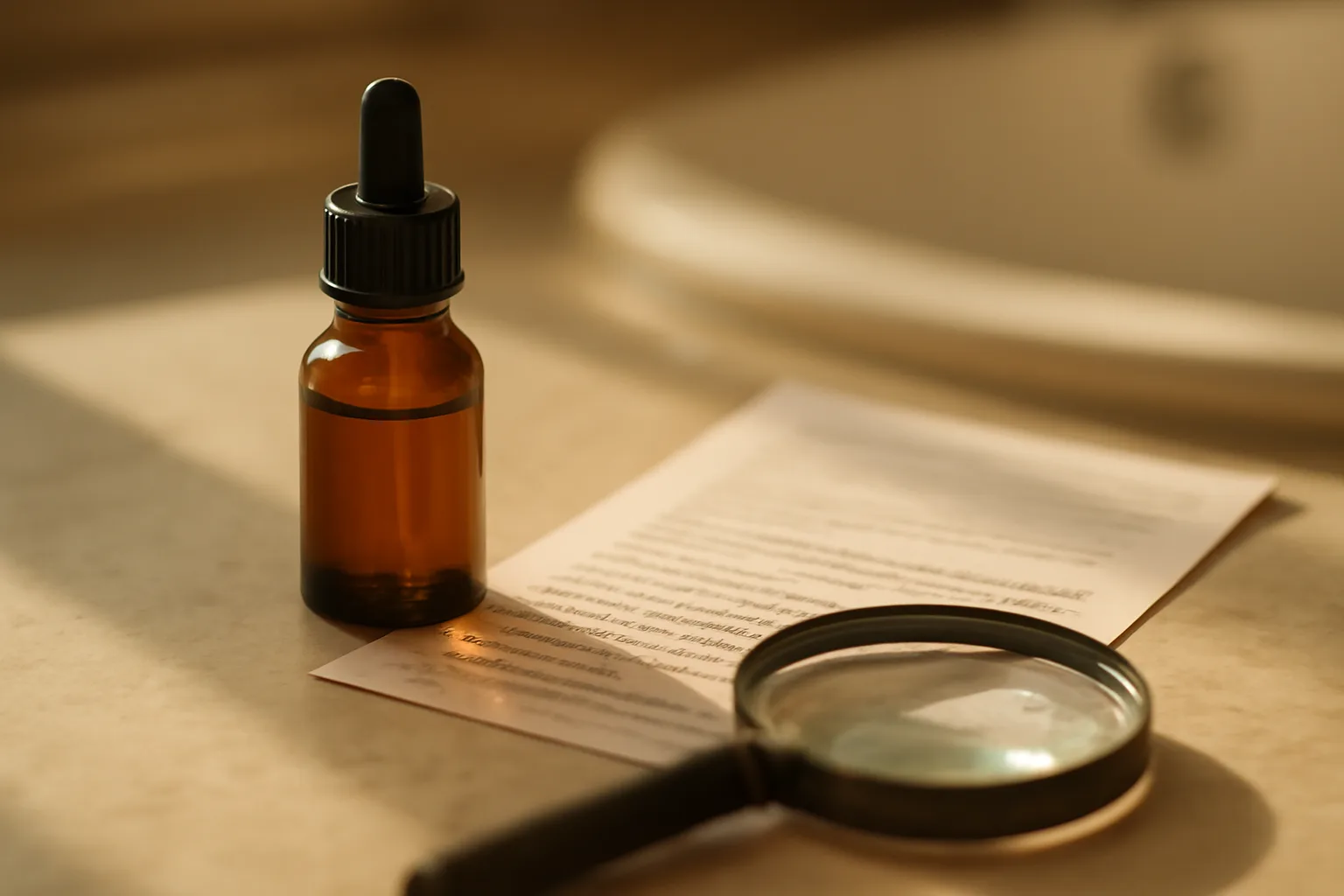 Dropper serum bottle and ingredient list examined under a magnifying glass