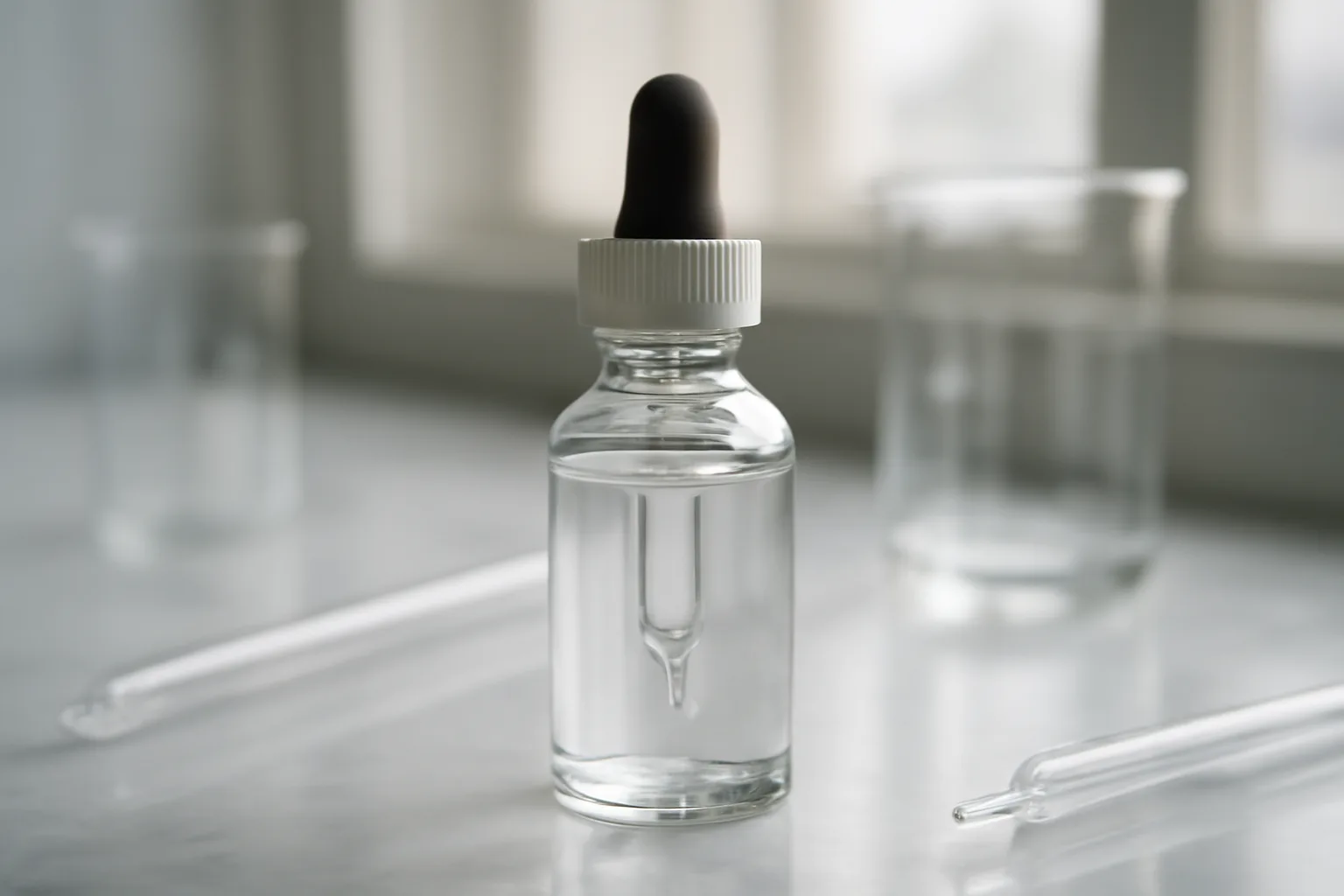 Clear glass dropper bottle on marble lab counter, representing cosmetic peptide formulation uncertainty