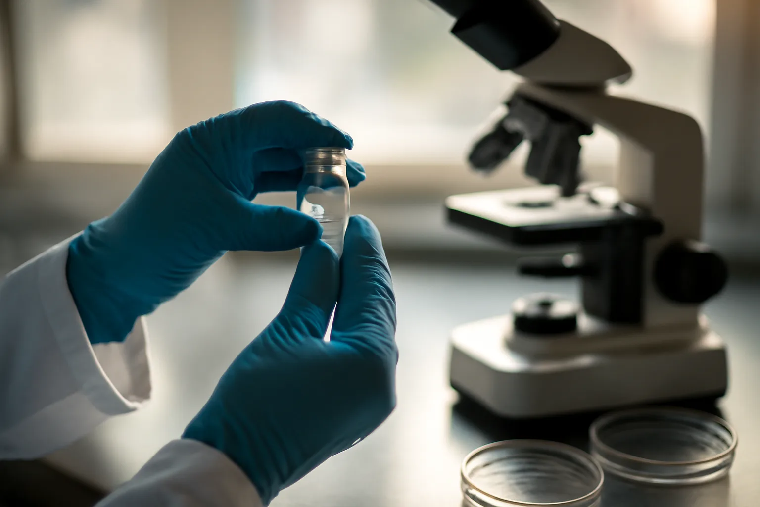 Gloved hands holding a lab vial near a microscope, researching copper peptide safety