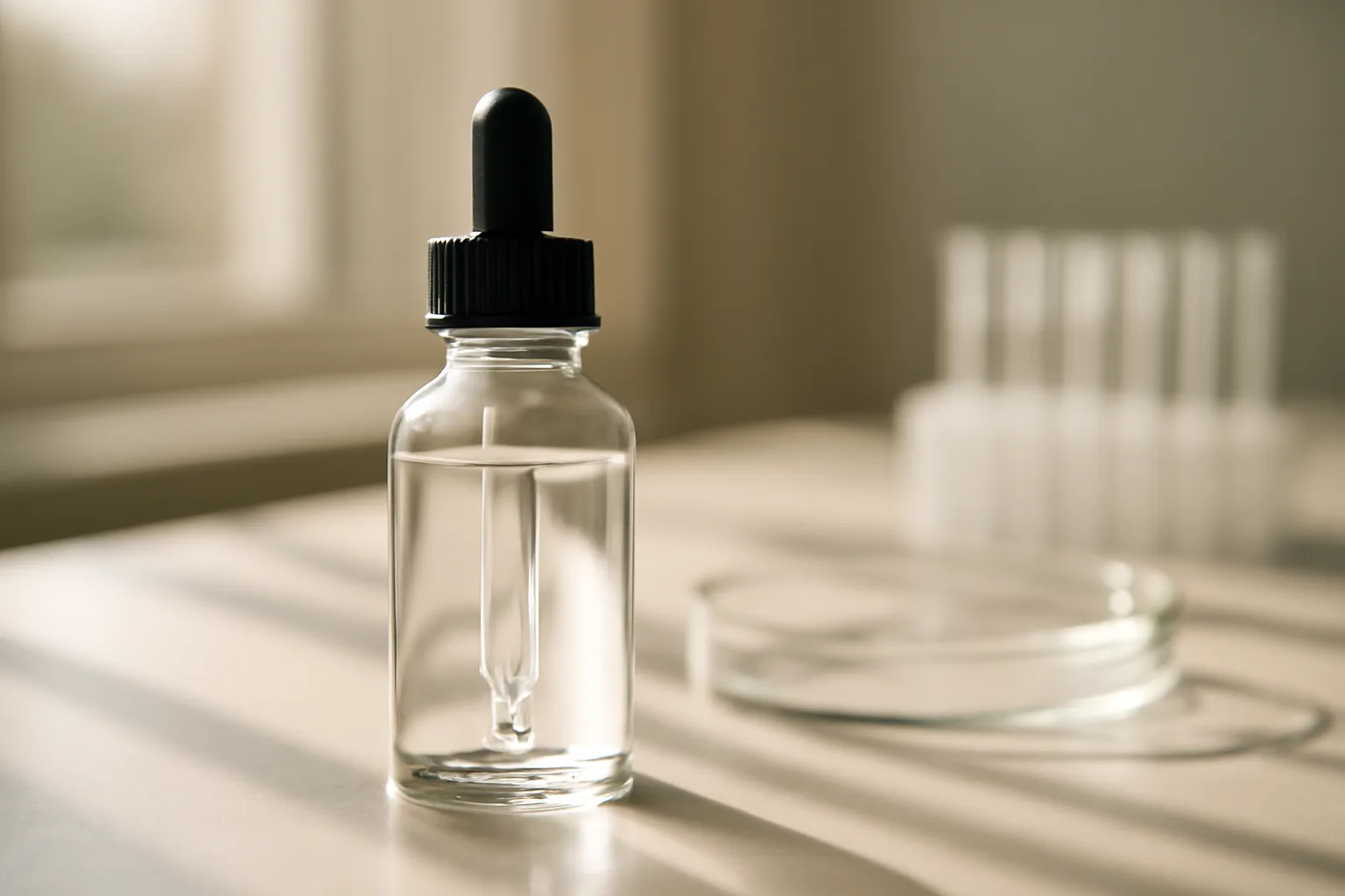 Dropper bottle of clear serum on a lab bench, evoking copper peptide research for acne