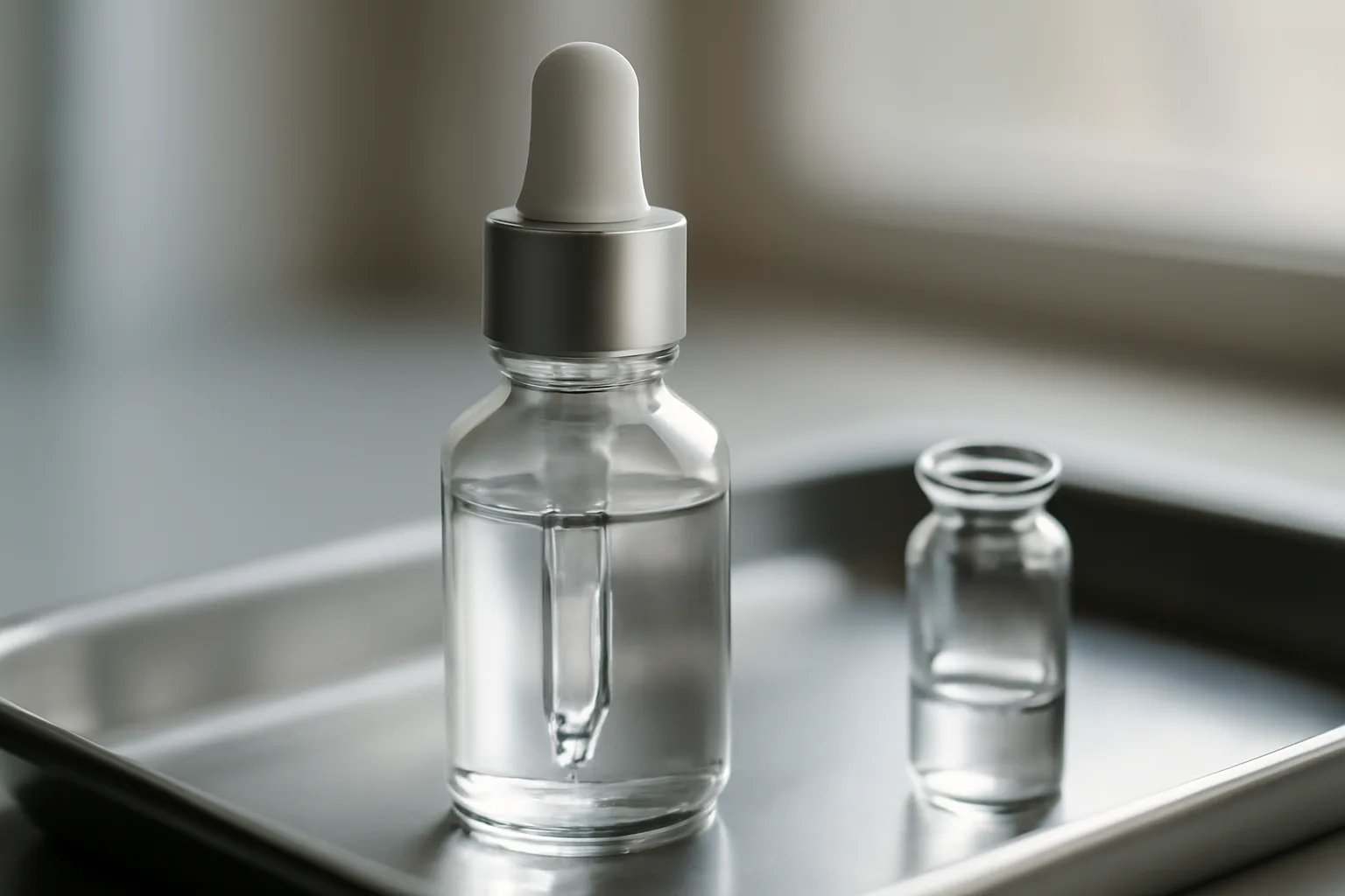 Dropper bottle and glass vial on a steel tray, testing whether topical GHK-Cu works