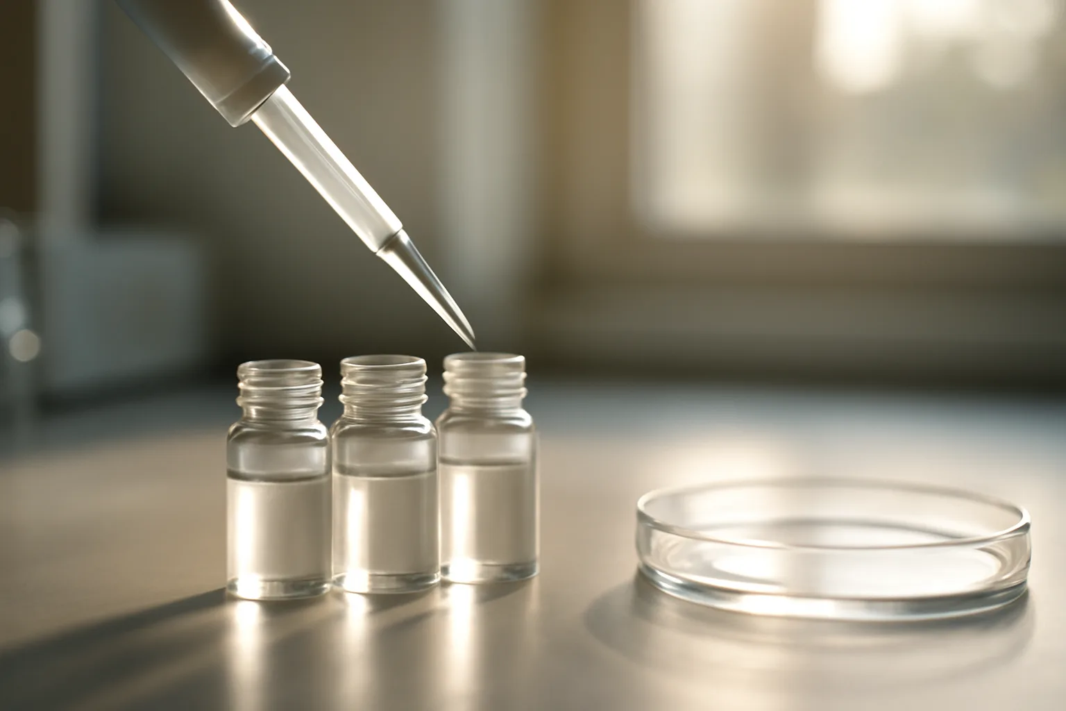Lab bench with vials and pipette representing copper peptide hair growth research