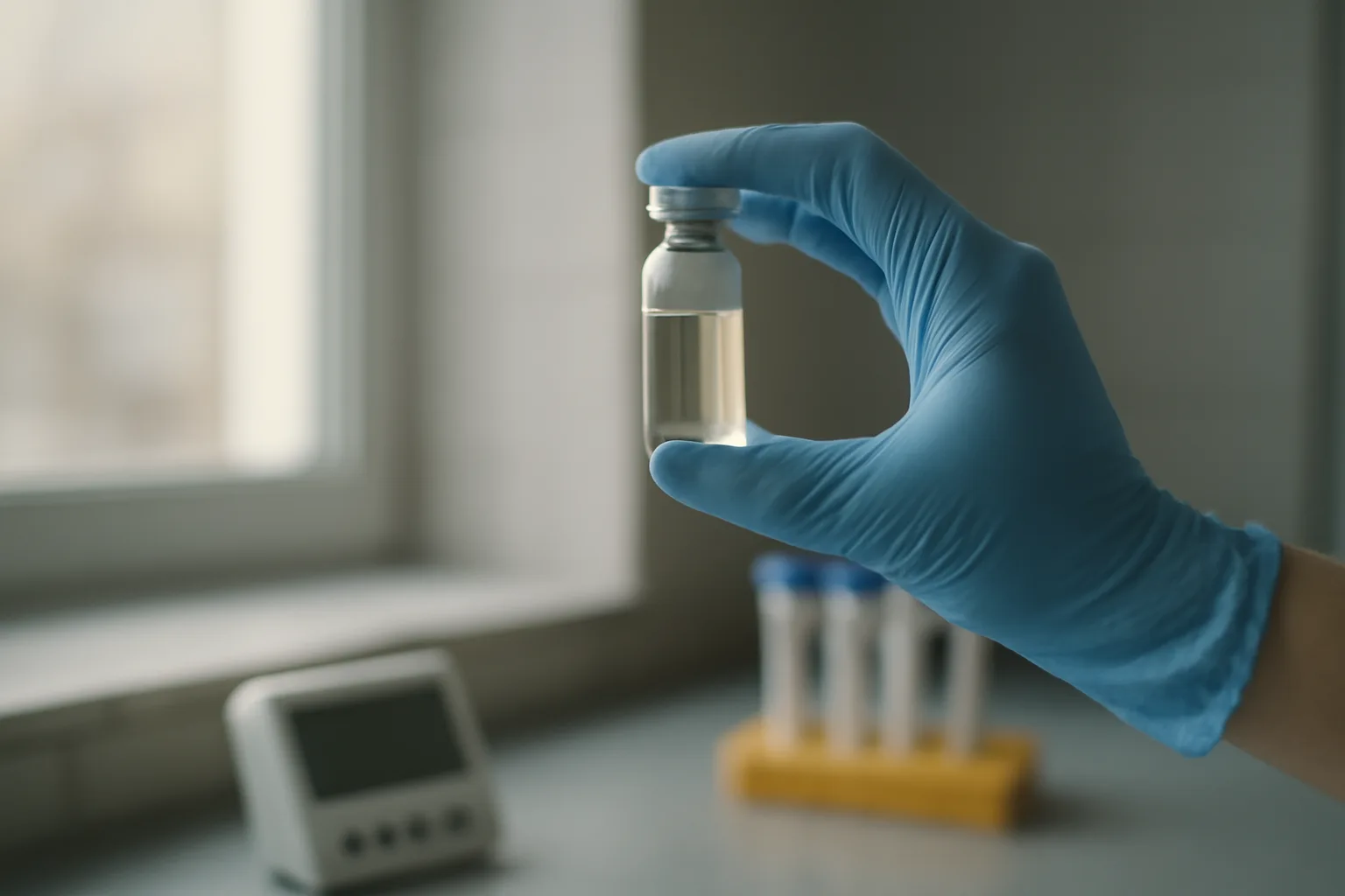 Gloved hand holding a clear vial to the light beside a lab timer