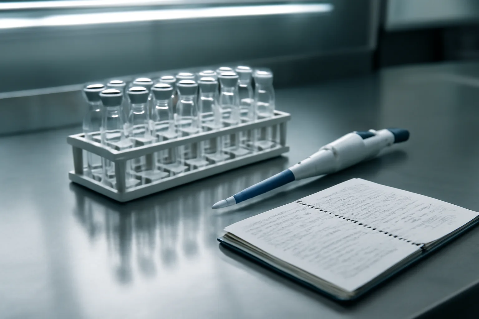 Lab vials and pipette on steel bench representing GHK-Cu peptide injection research