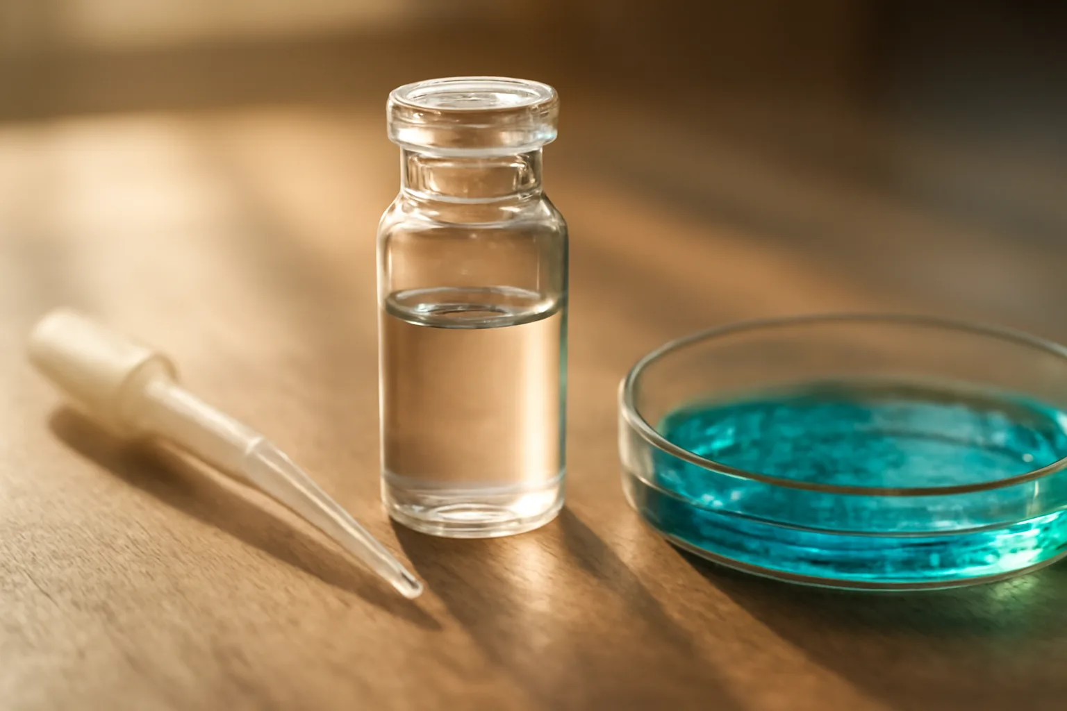 Laboratory vial and pipette with blue copper solution representing GHK-Cu peptide research