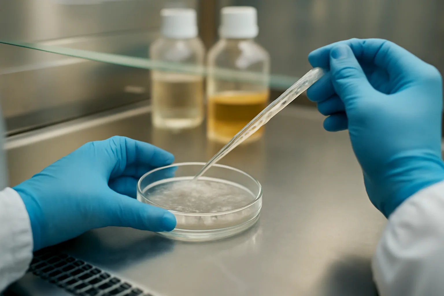 Laboratory pipetting of peptide solution into hair follicle cell culture