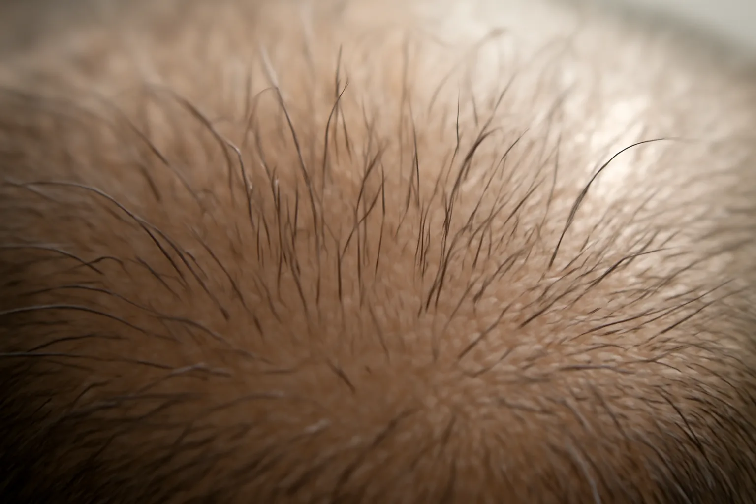 Close-up of human scalp showing hair follicles and fine regrowth among existing hairs