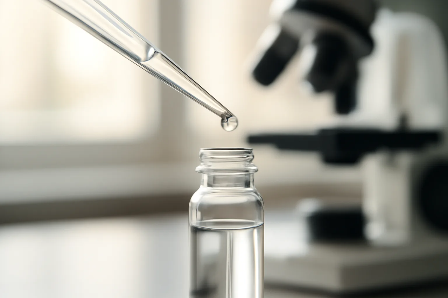 Lab vial and pipette on a bench, representing copper peptide research for hair growth