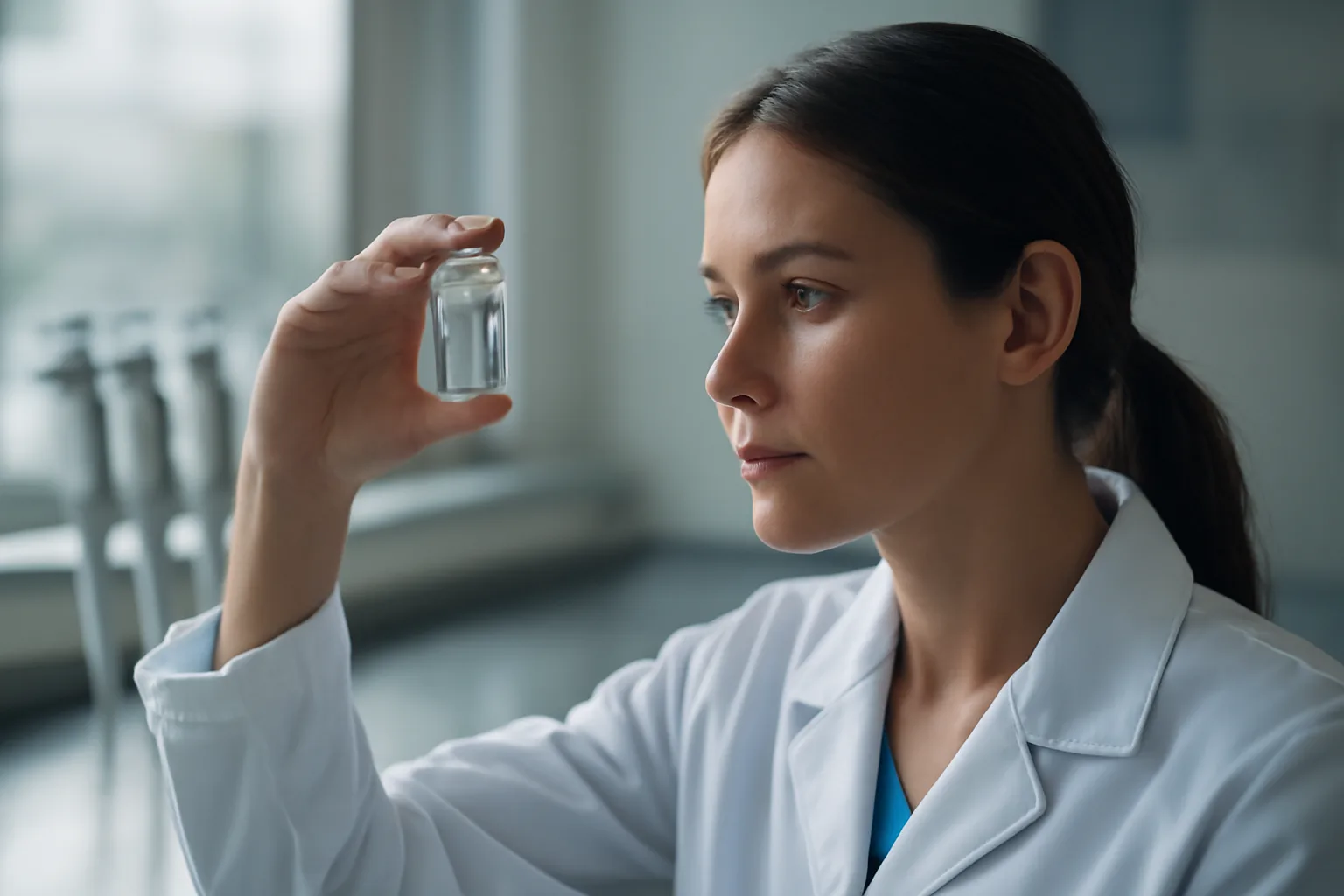 Scientist holding copper peptide solution vial in laboratory