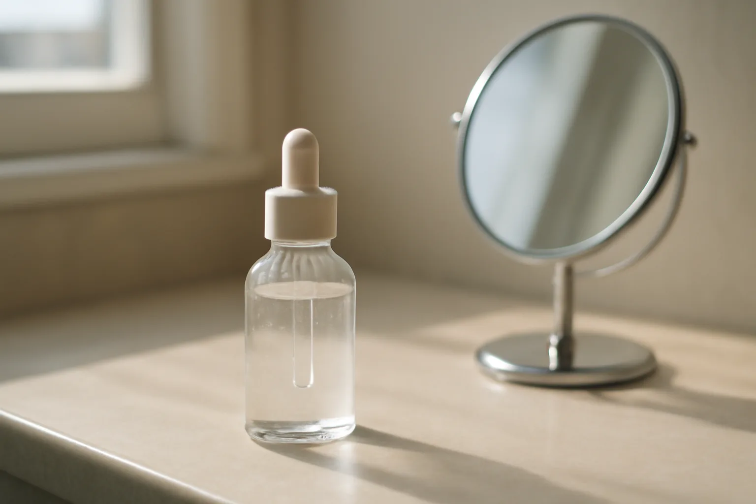 Dropper serum bottle on a counter representing how people use GHK-Cu peptide topically