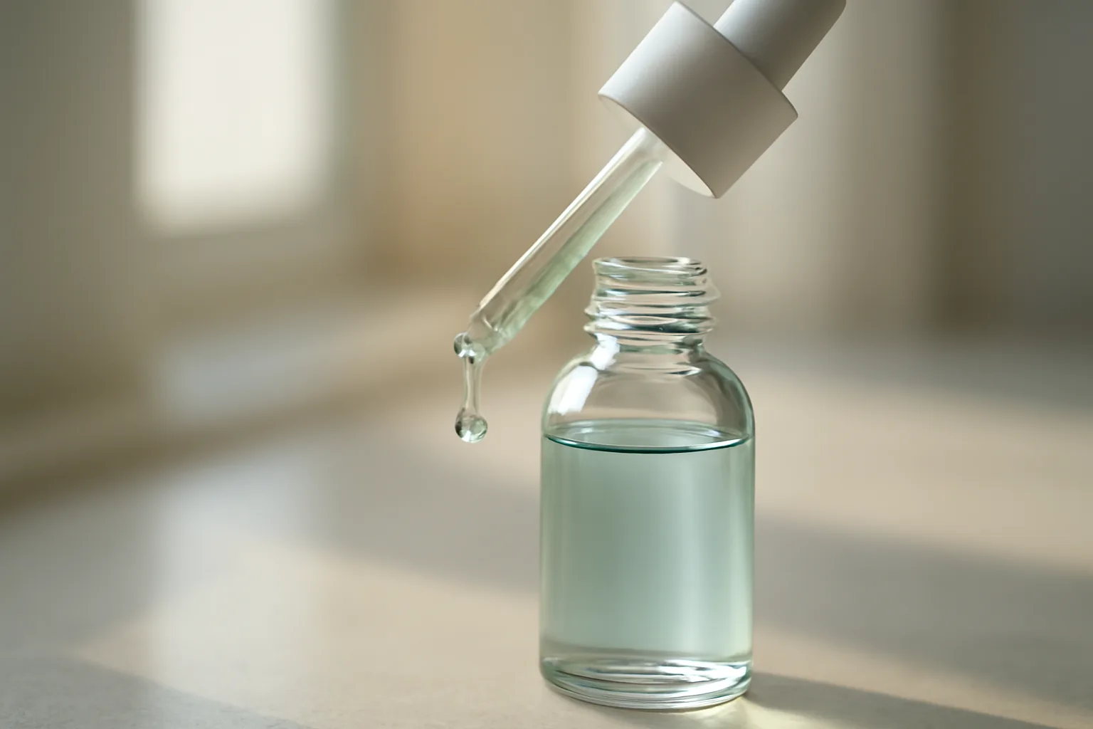 Dropper bottle of blue-green copper peptide serum with a suspended drop in natural light