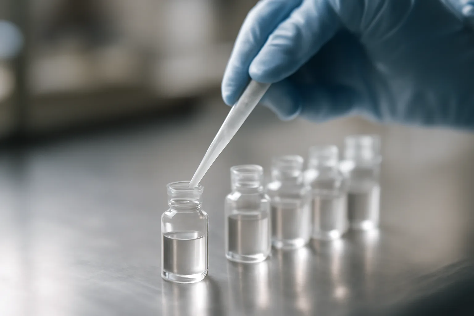 Lab technician pipetting solution into glass vials during copper peptide research
