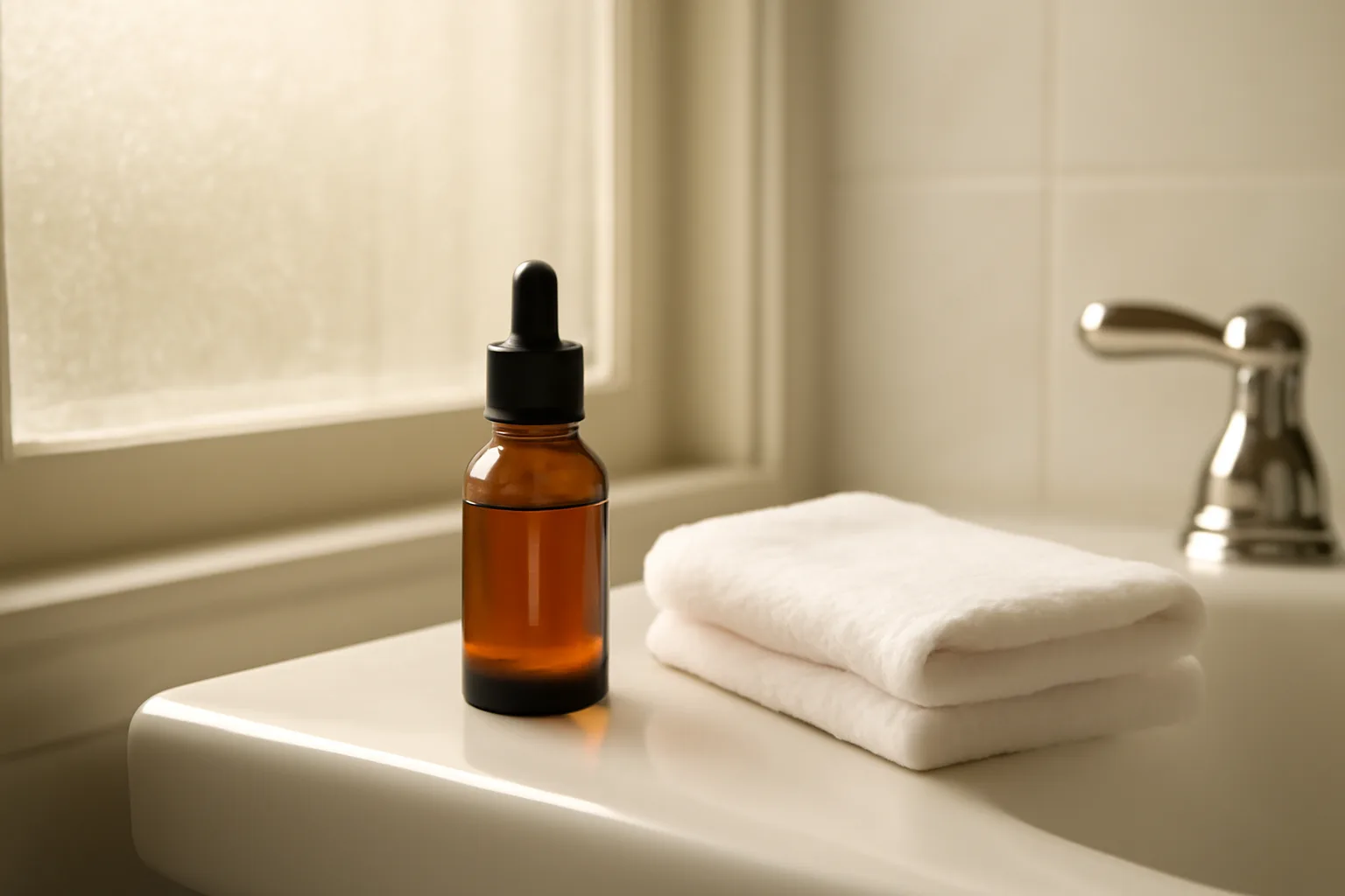 Amber dropper bottle on a bathroom shelf suggesting a copper peptide skincare routine