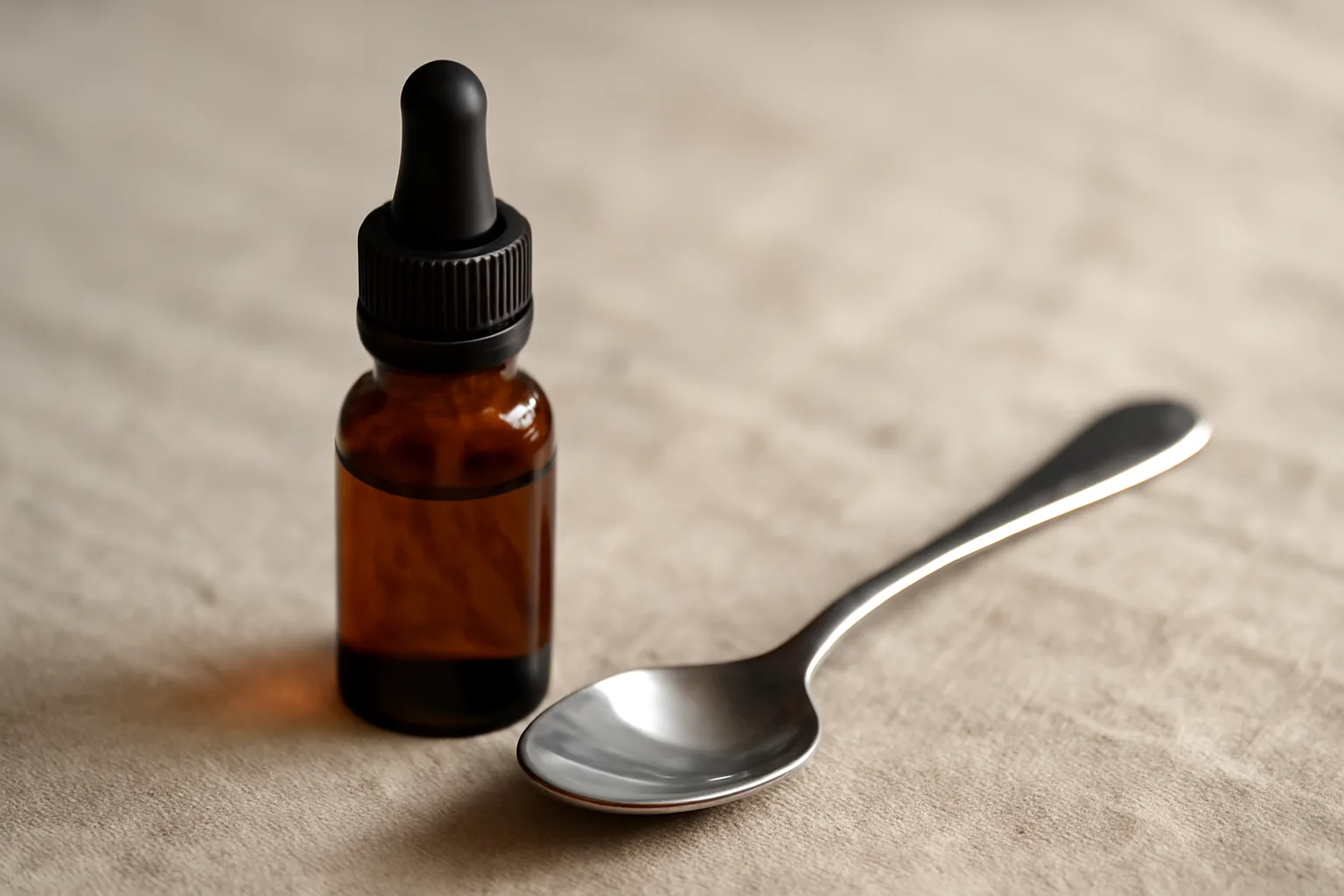 Amber dropper bottle on linen, evoking a daily copper peptide routine