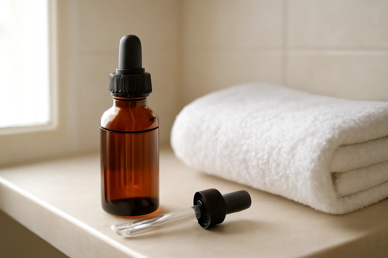 amber dropper bottle on a bathroom shelf representing a daily copper peptide routine
