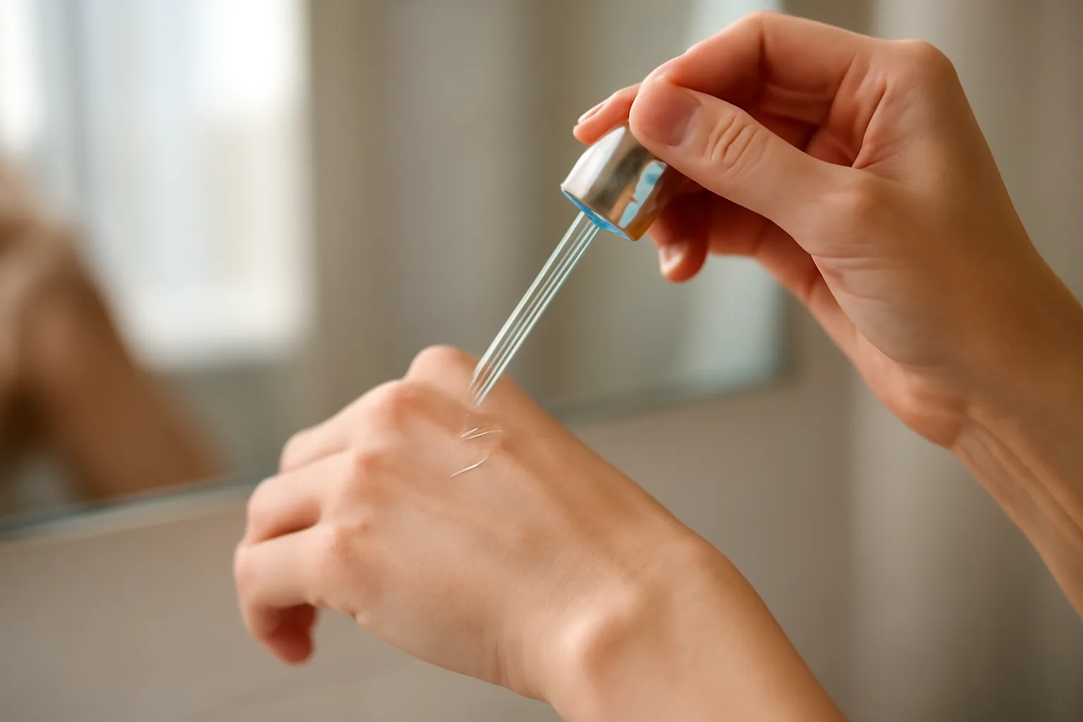Hand applying copper peptide serum drops to clean skin near a mirror
