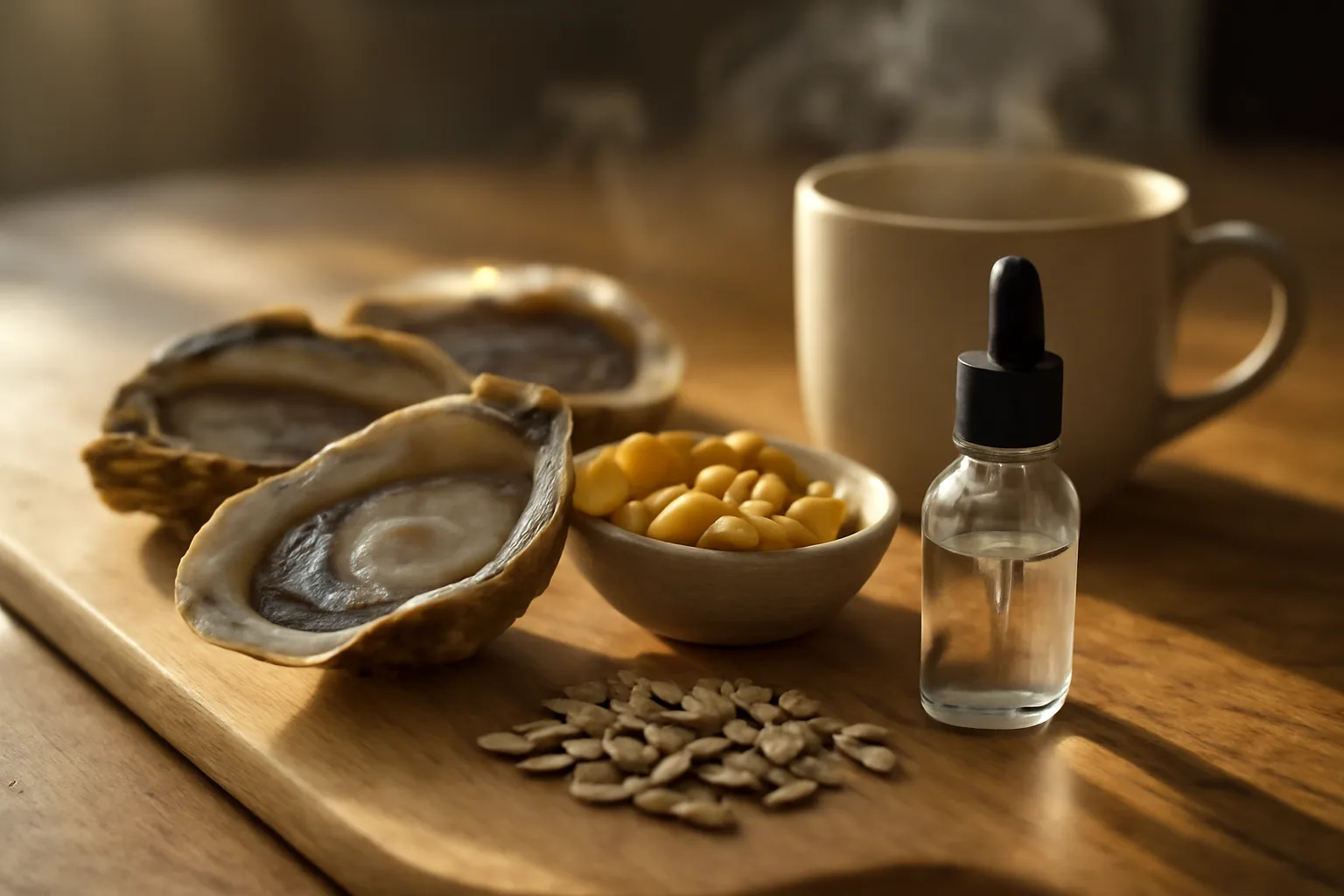 Copper-rich foods and a serum dropper bottle on a kitchen counter in morning light
