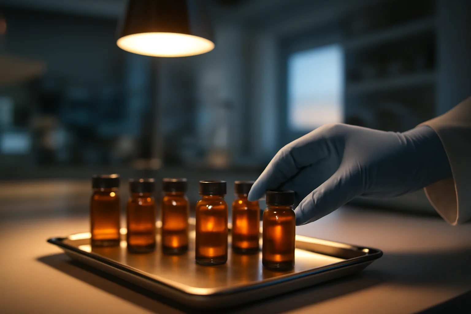 Pharmacist's gloved hand arranging amber vials on a compounding pharmacy counter