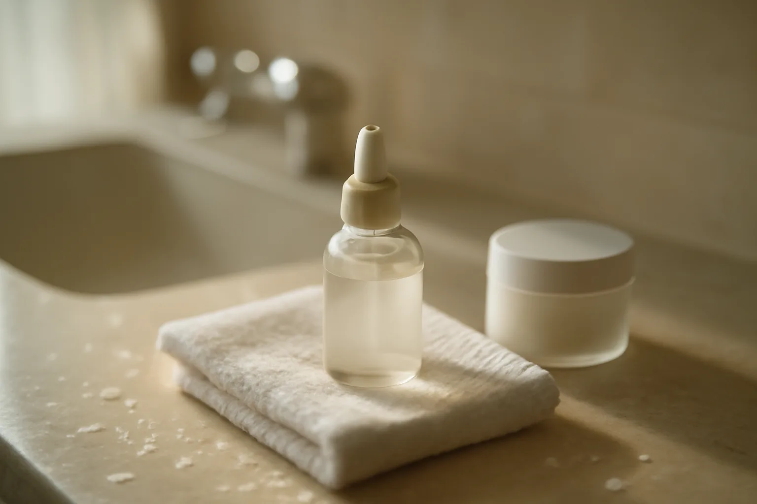 Serum dropper bottle and moisturizer jar on a bathroom counter in morning light