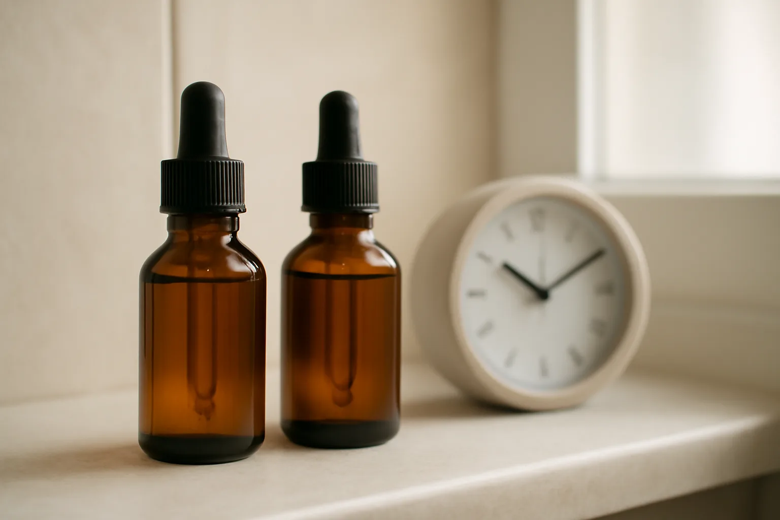 Two unmarked serum bottles on a shelf representing layering copper peptides and niacinamide