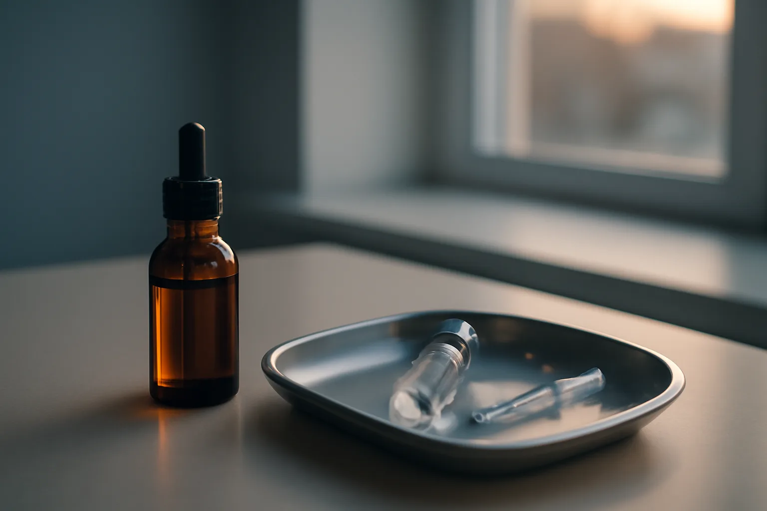 Dropper bottle and vial on a clinical counter representing topical versus injectable GHK-Cu routes