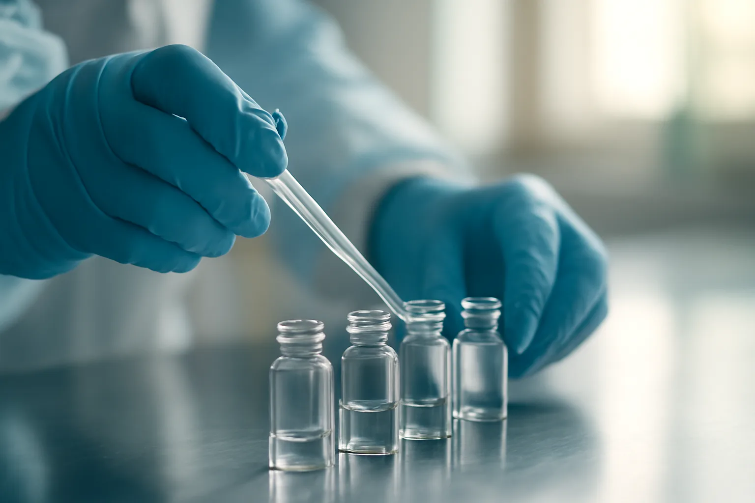 Gloved hands pipetting a copper peptide research solution into glass lab vials
