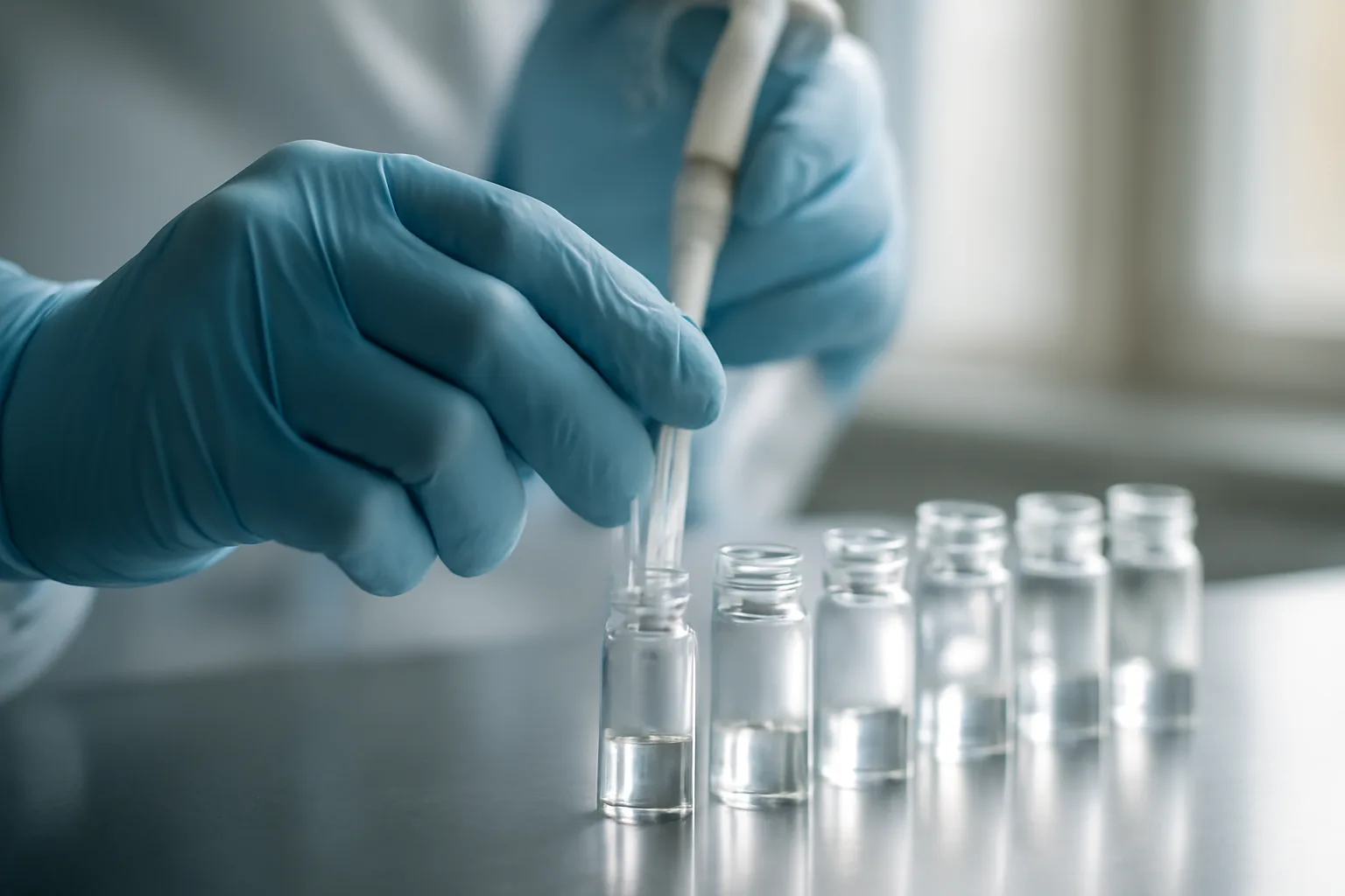 Lab bench scene showing glass vials during copper peptide skin research testing