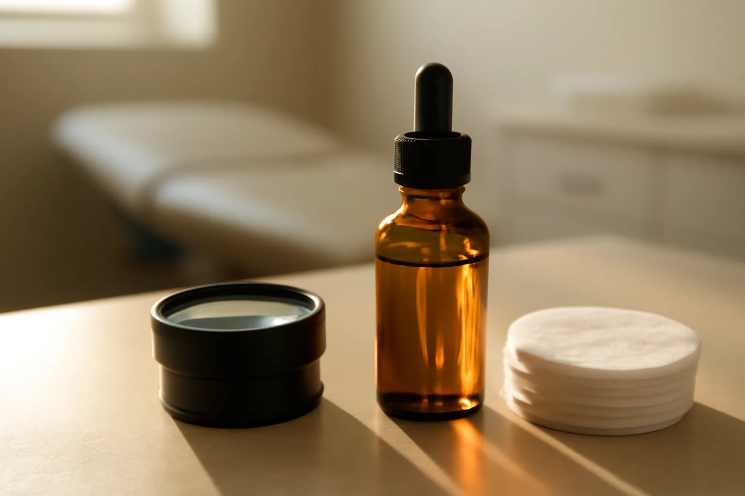 Dropper bottle and skin exam tools on a countertop, evoking copper peptide skincare research
