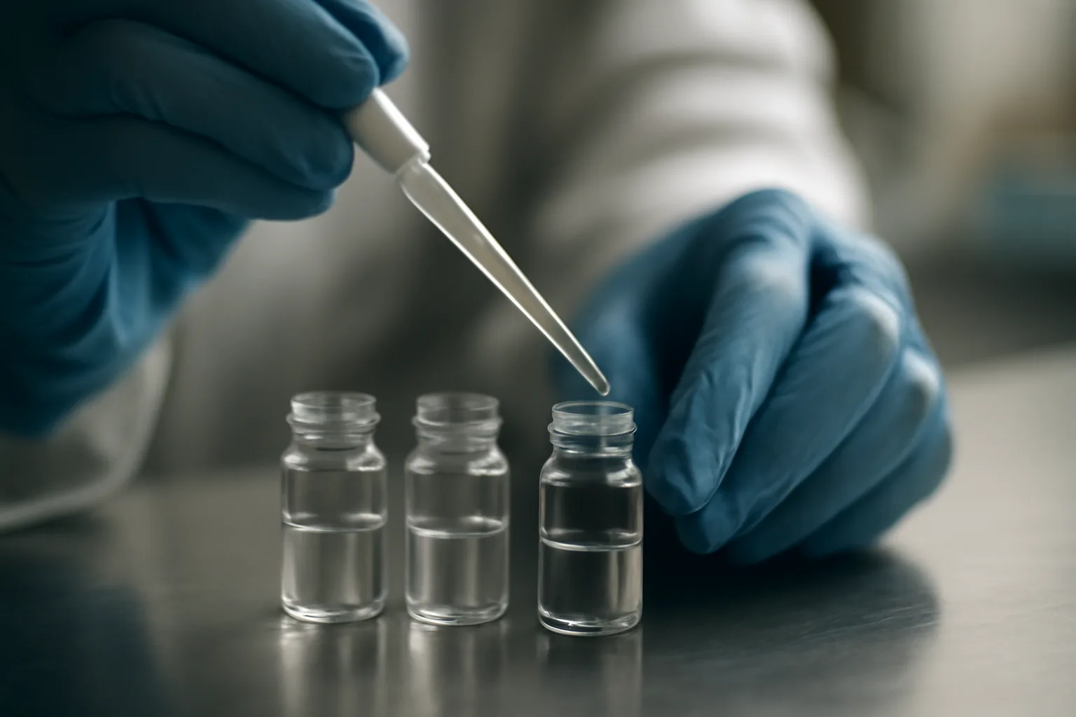 gloved hands pipetting liquid into glass vials during copper peptide research