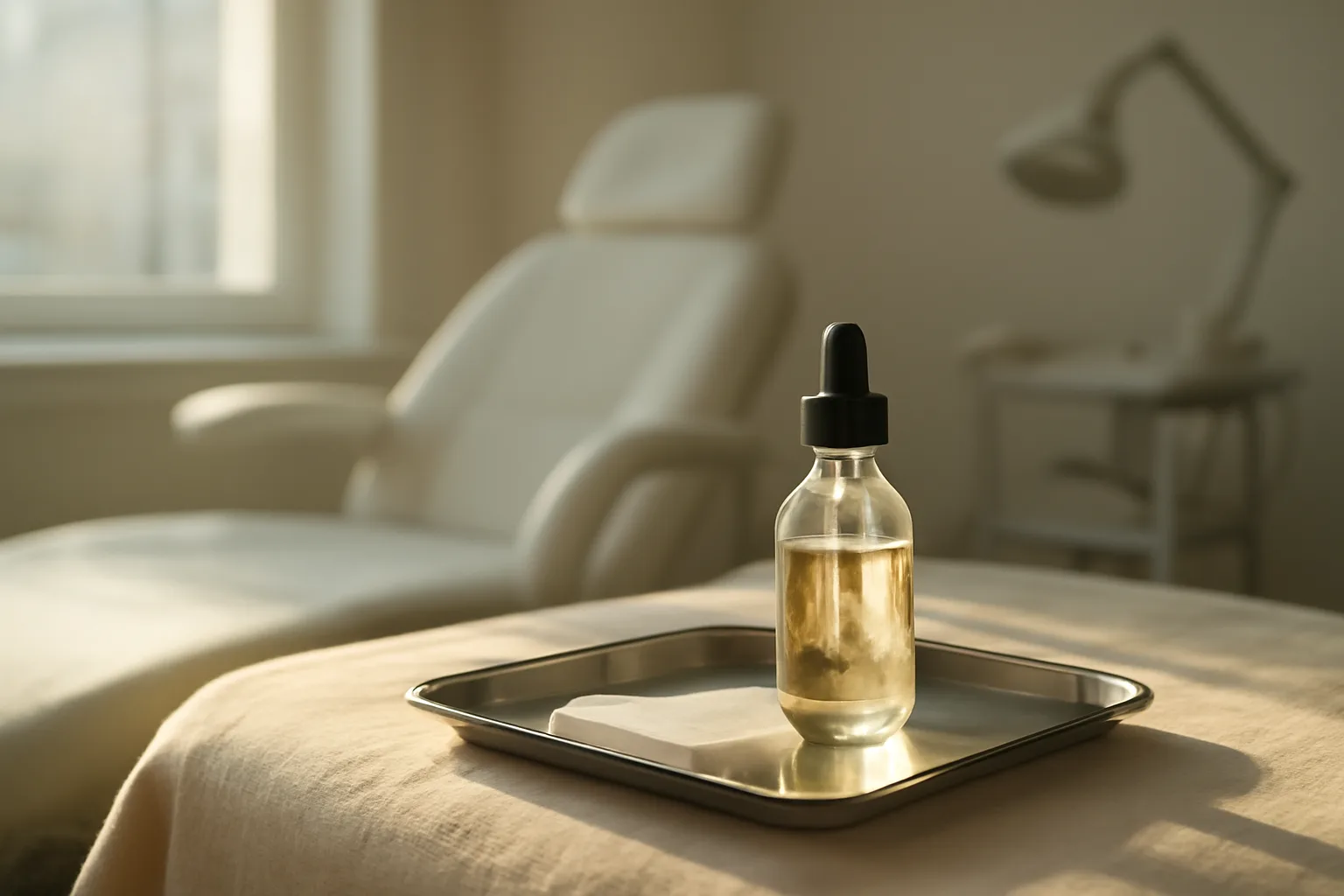 Glass dropper bottle and gauze on steel tray, morning light, illustrating when to use copper peptides