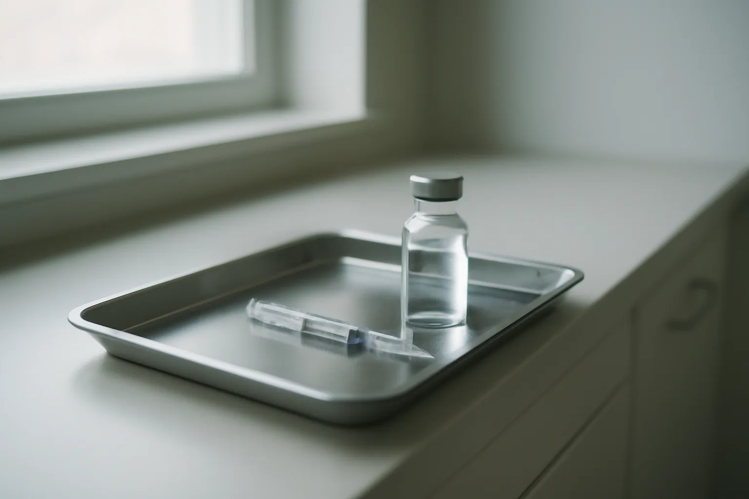 Sterile tray with vial and syringe on a clinical counter, GHK-Cu peptide injection setting