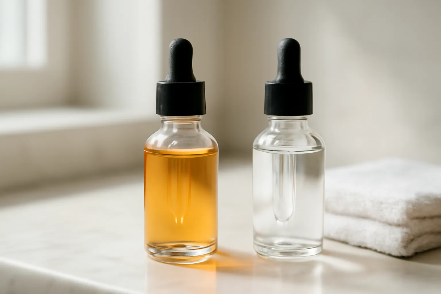 Two serum bottles on marble counter representing copper peptide and retinol skincare products