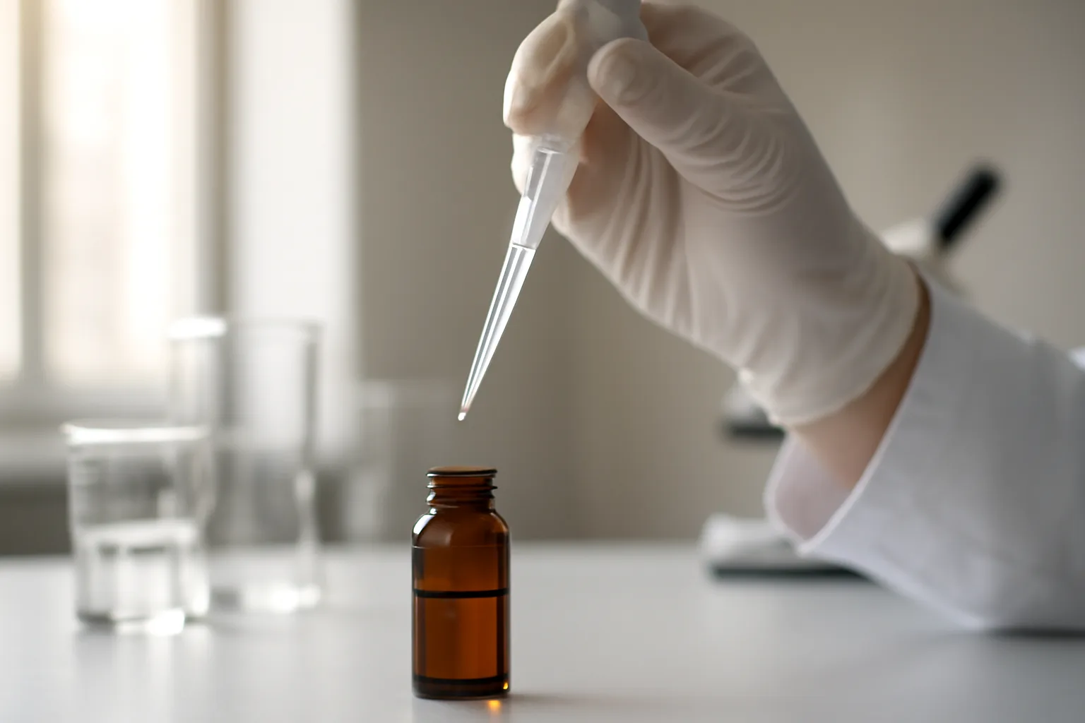 Laboratory technician pipetting copper peptide solution into vial on research bench