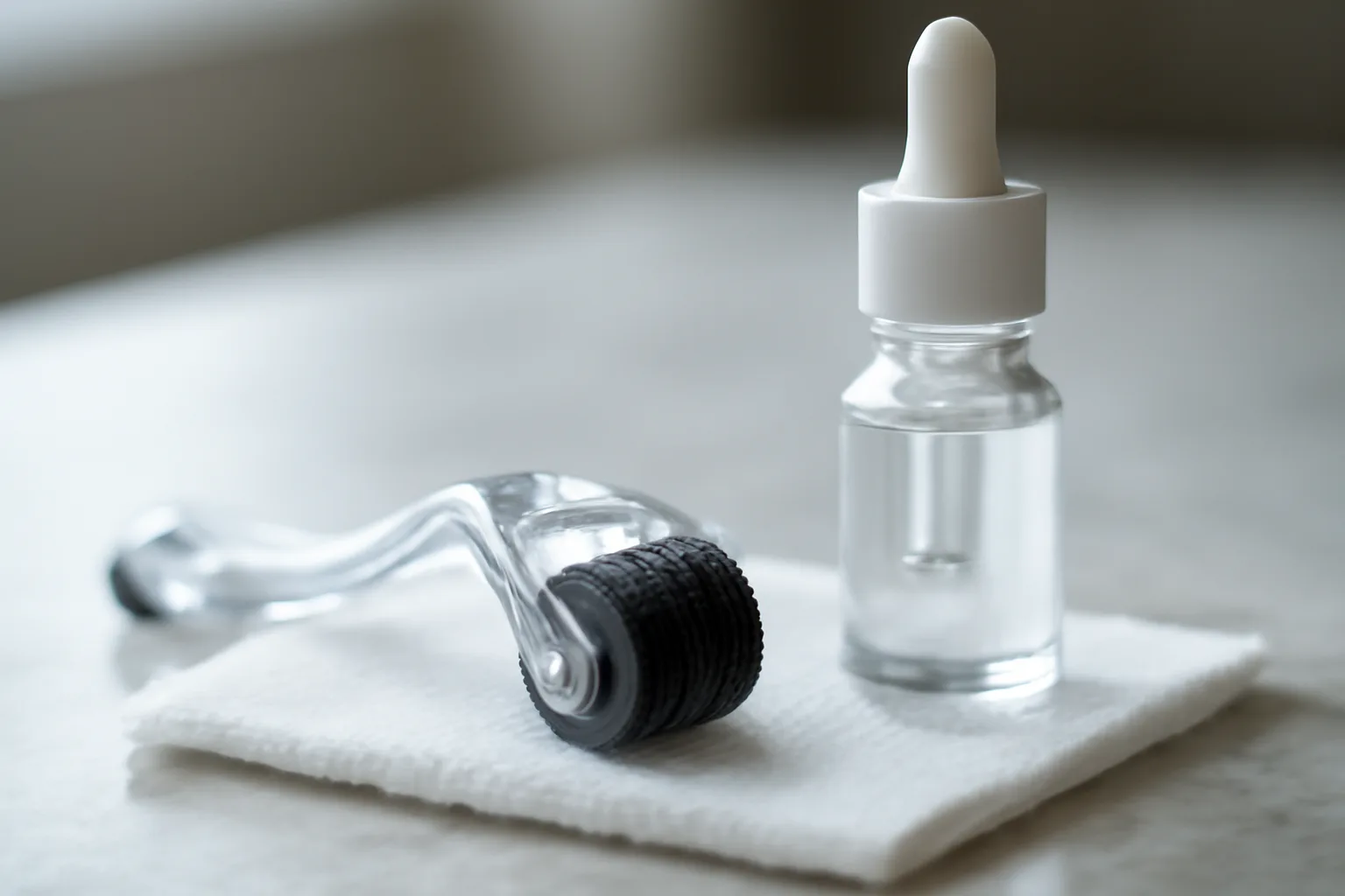 Derma roller and serum bottle on marble surface, microneedling skincare setup