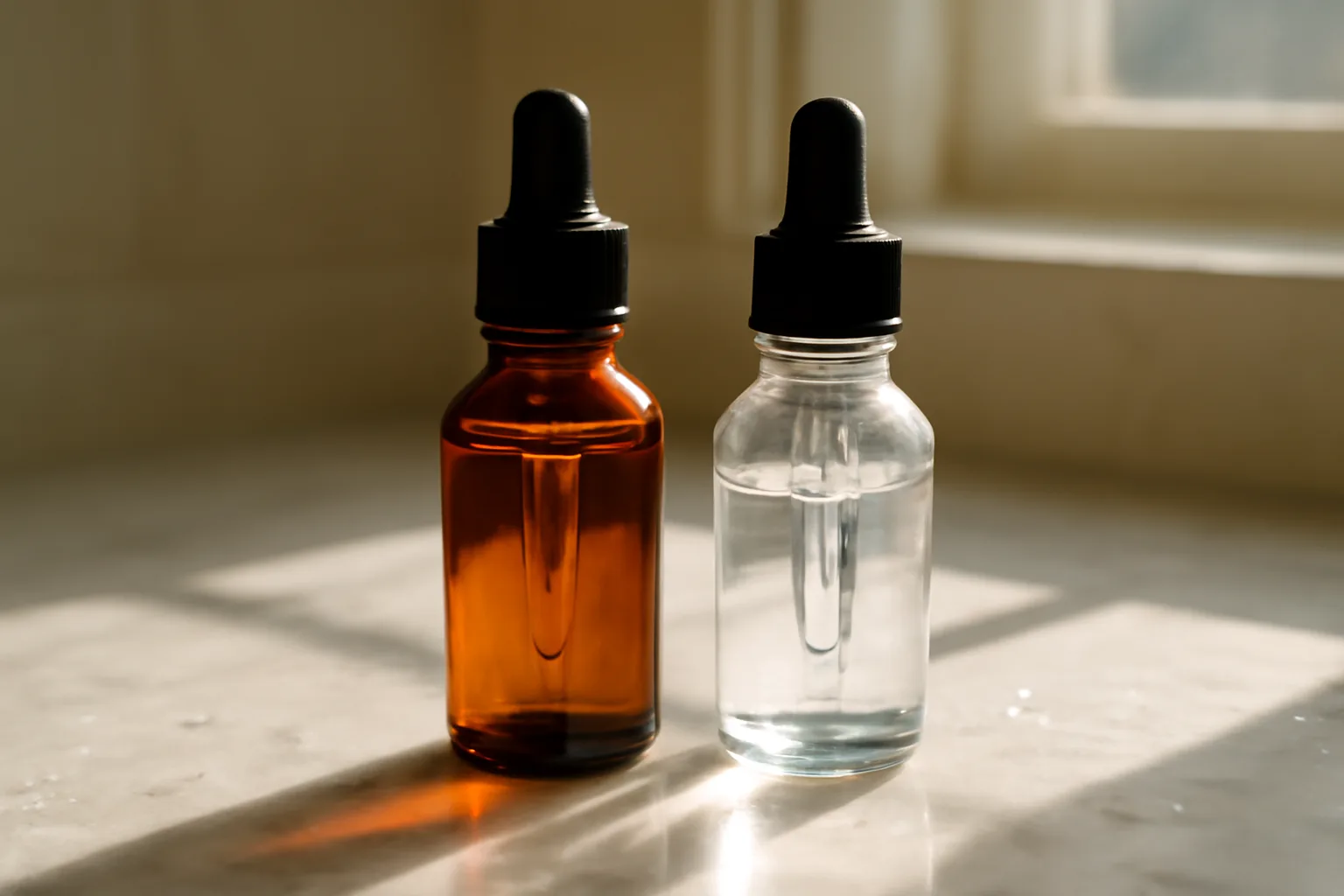 Two serum bottles on marble counter representing copper peptide and retinol skincare combination