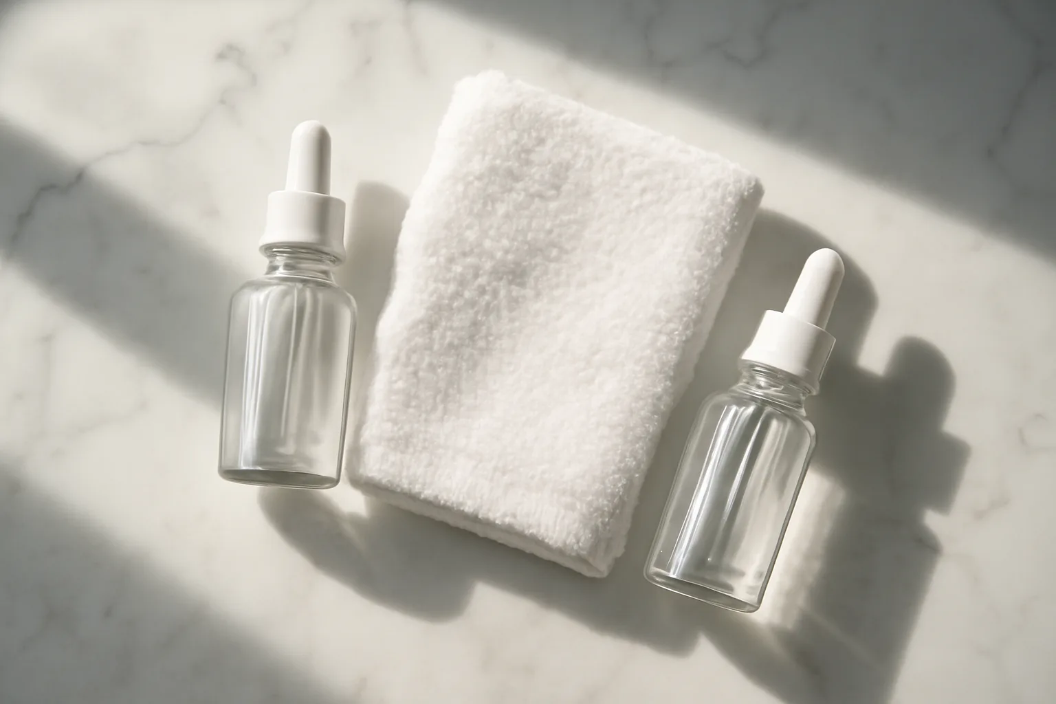 Two serum bottles separated on counter illustrating timing of copper peptide and vitamin C use