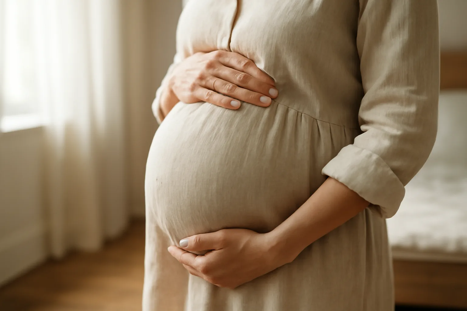 Pregnant woman's hands on belly in calm home setting