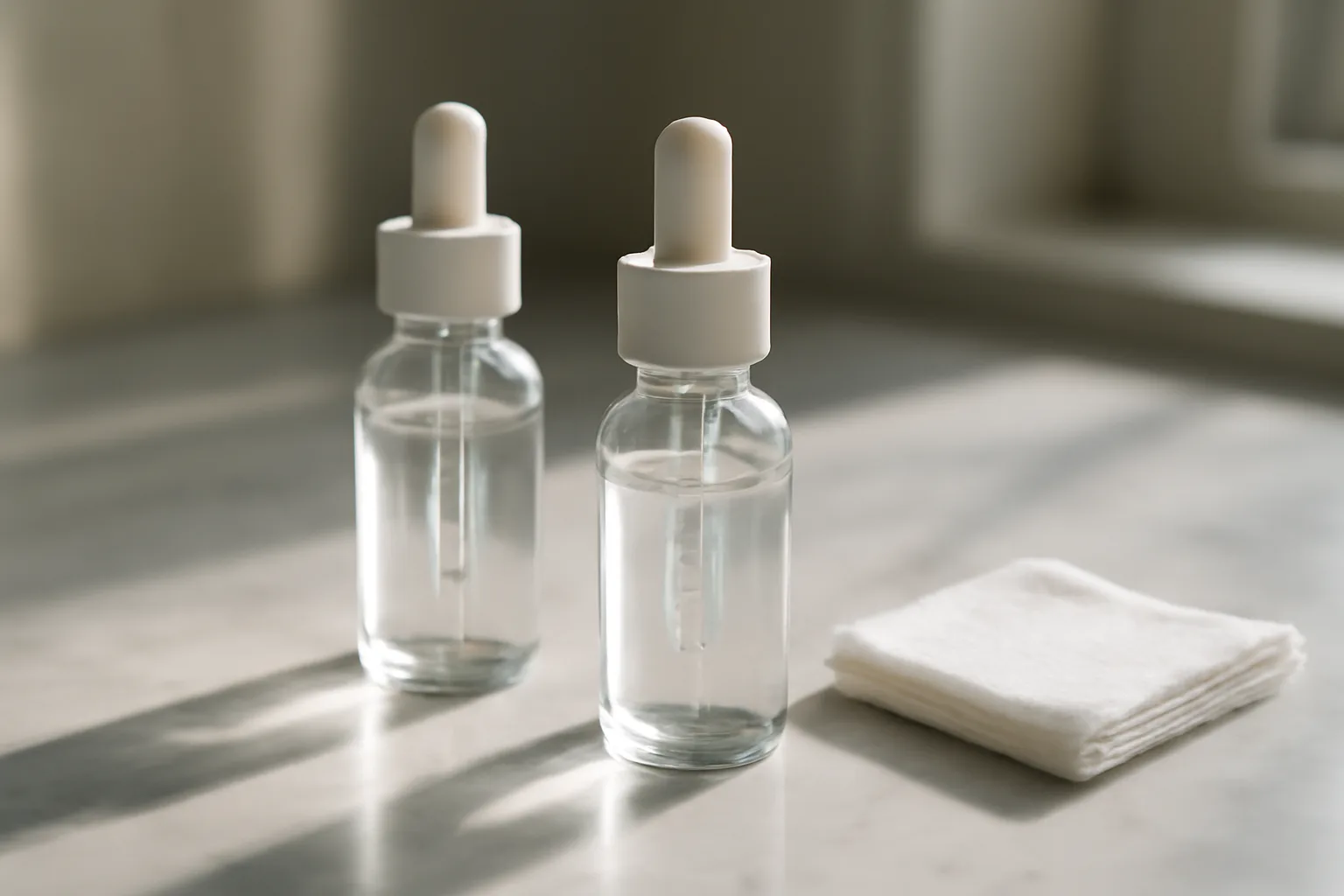 Two peptide serum bottles on marble counter with natural window light