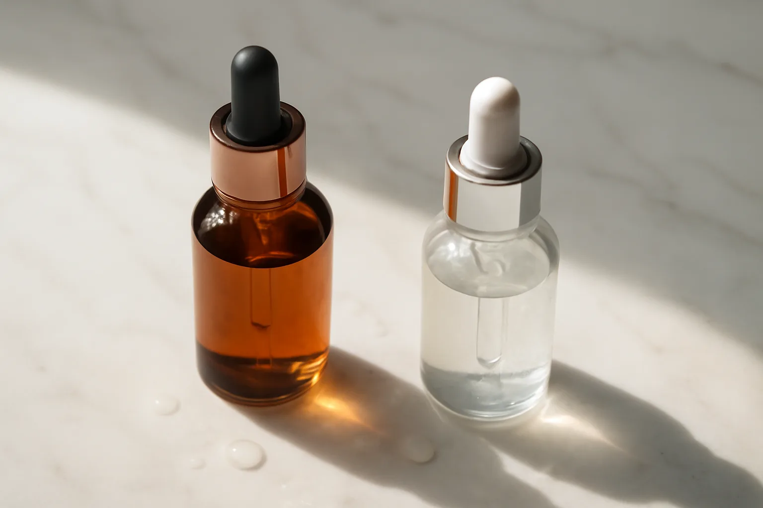Two serum bottles on marble showing niacinamide and copper peptide products together