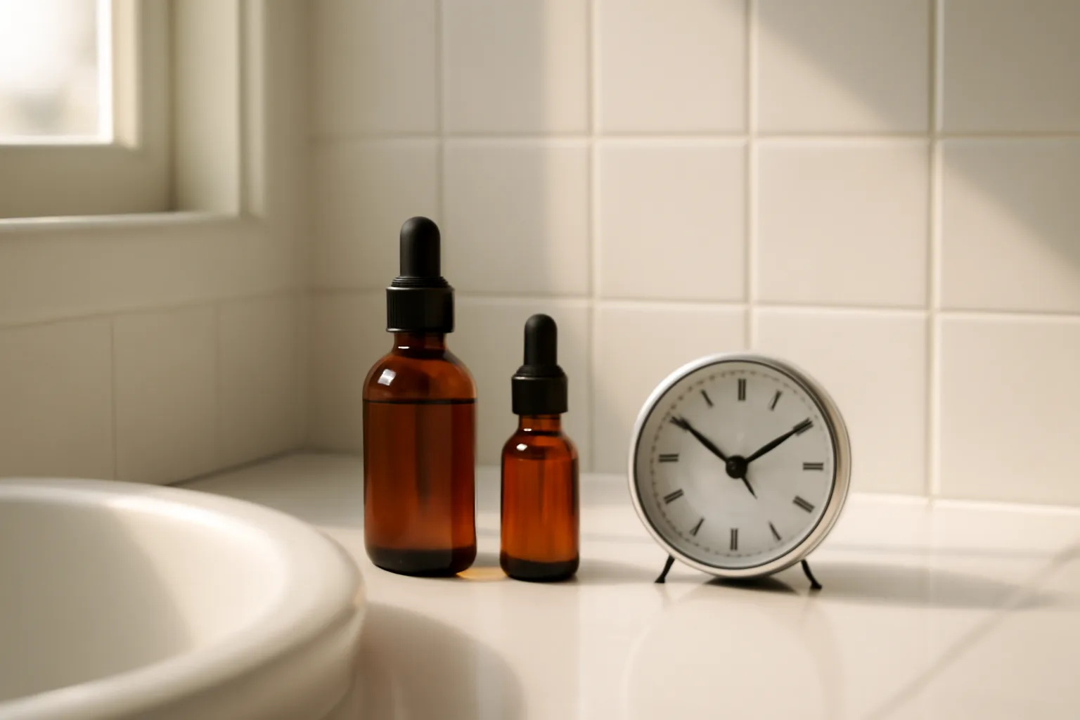 Serum bottles on counter with clock showing morning and evening application times for skincare routine separation