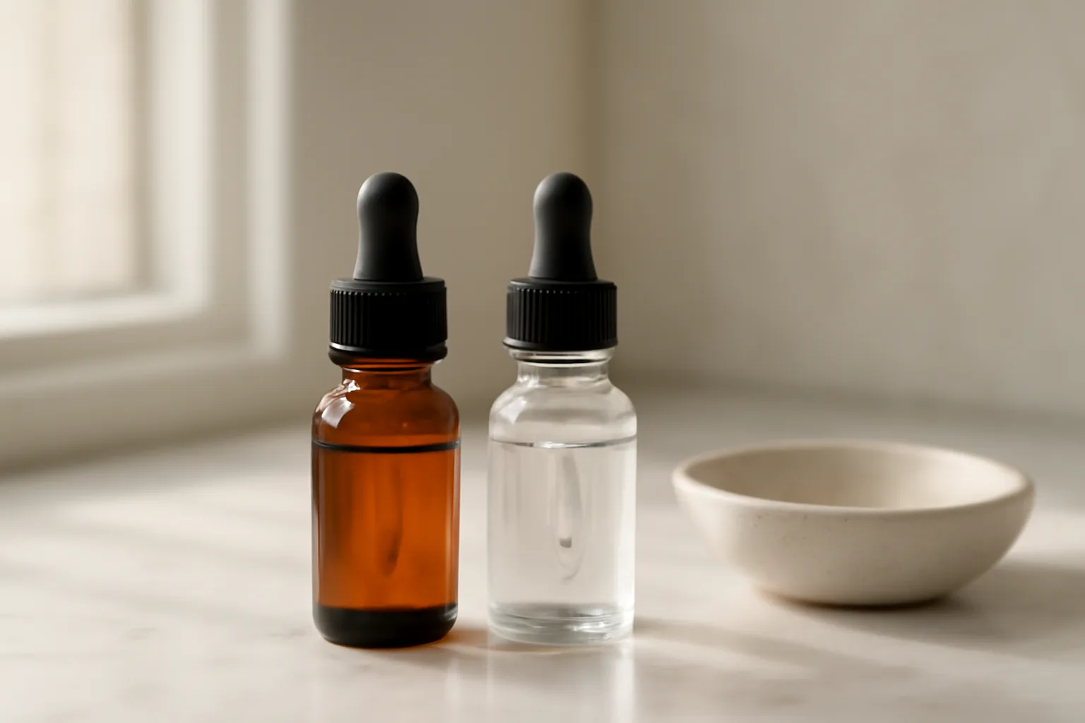 Two serum bottles on marble counter for tretinoin and copper peptide layering discussion