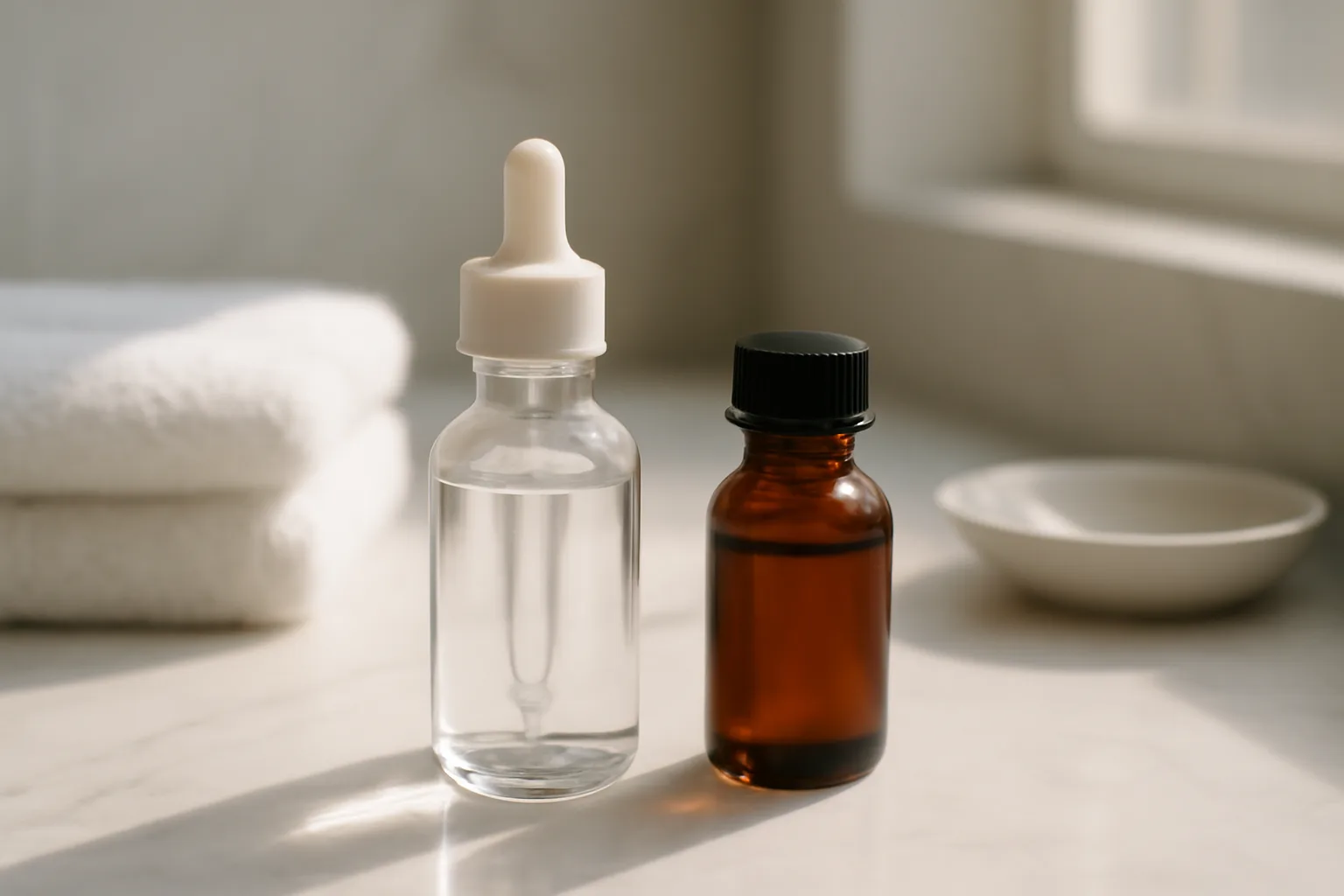 Two unlabeled serum bottles on marble counter with natural morning light