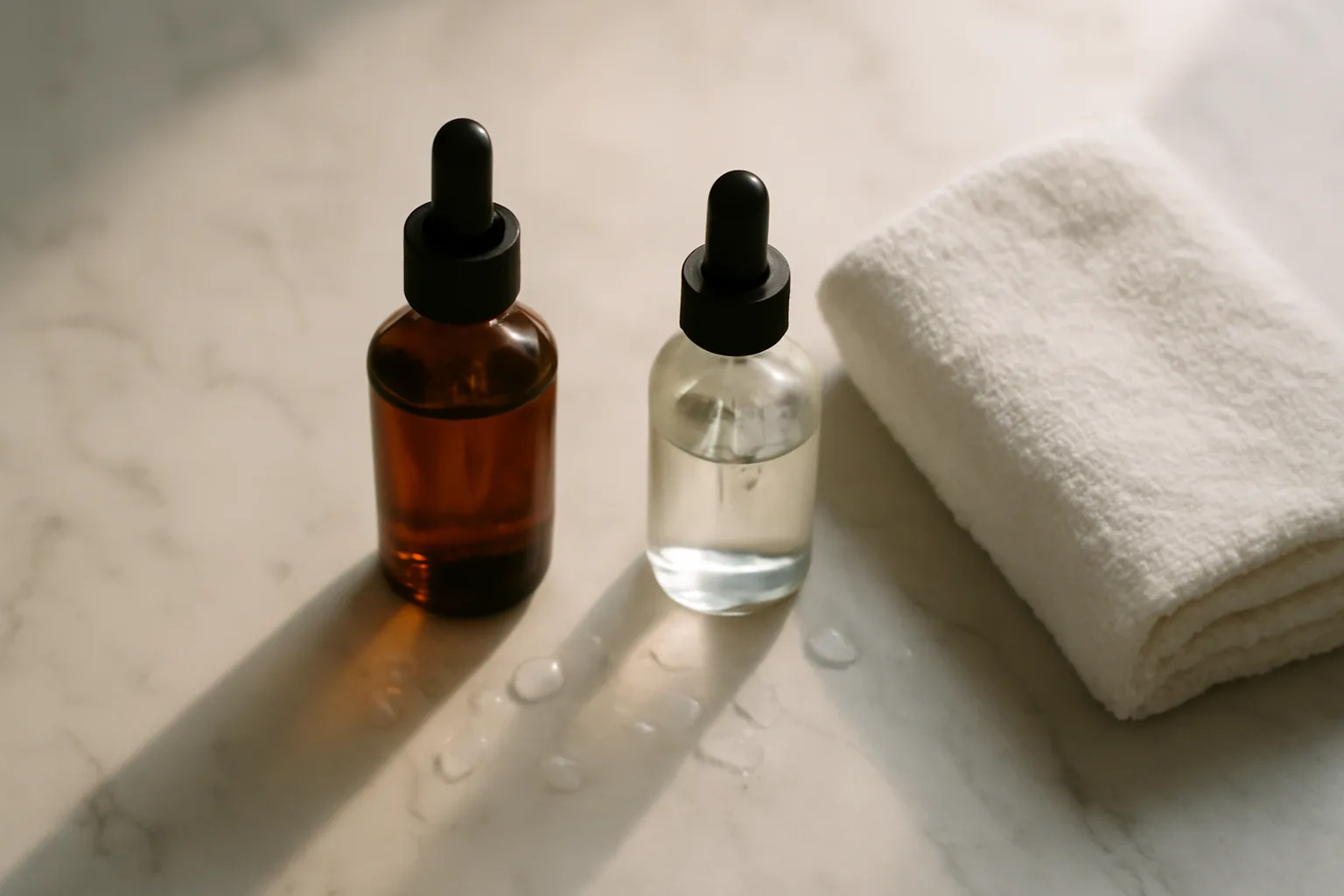 Two skincare serum bottles on a marble counter with morning light