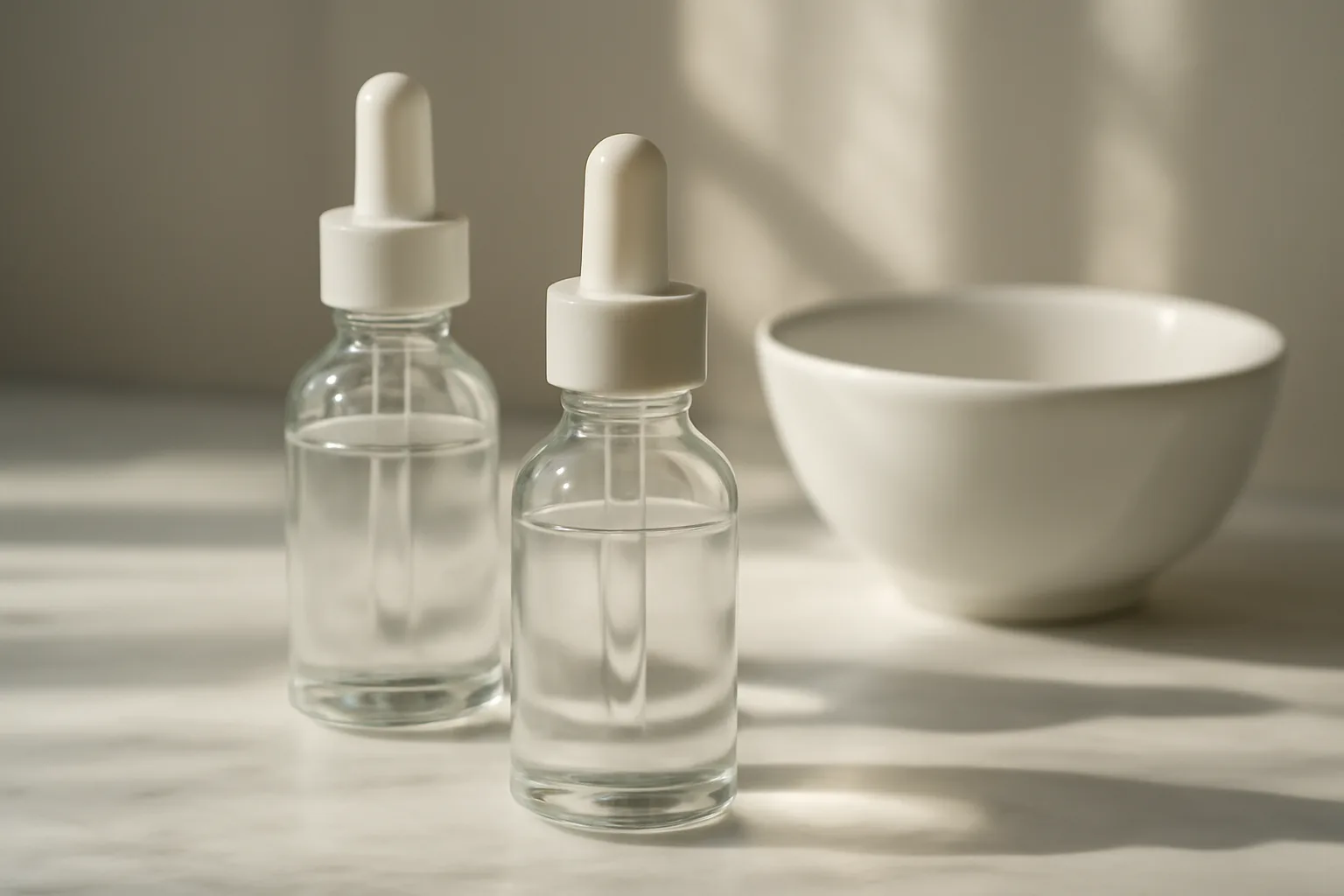 Two serum bottles on marble counter representing vitamin C and copper peptide skincare products