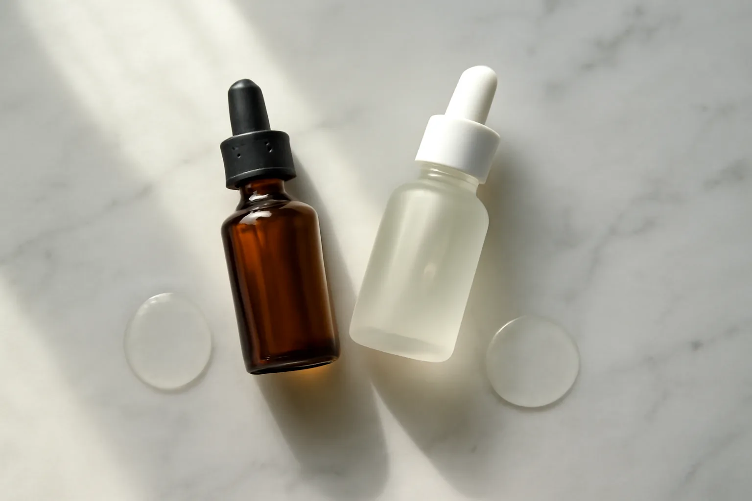 Two glass serum bottles on marble surface illustrating copper peptide and retinol layering