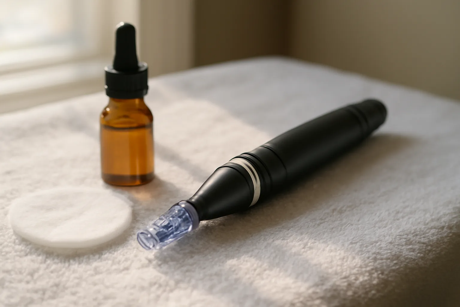 Microneedling pen and serum bottle on sterile treatment table