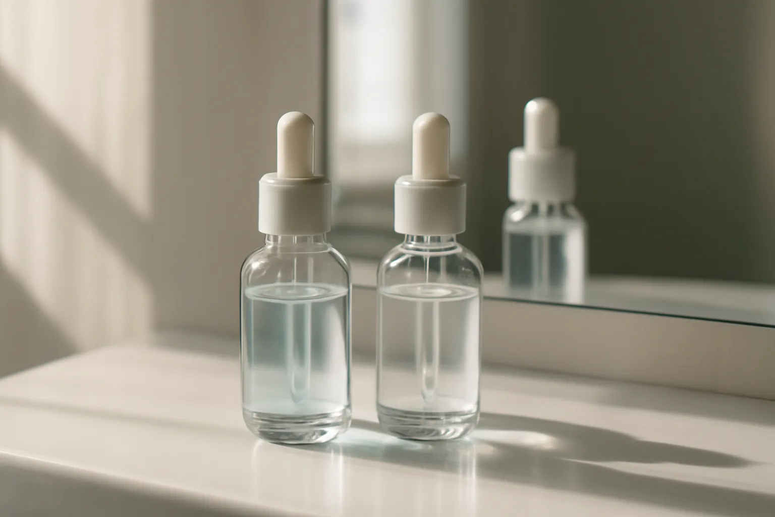 Two unlabeled serum bottles on a counter, representing copper peptide and niacinamide layering routine