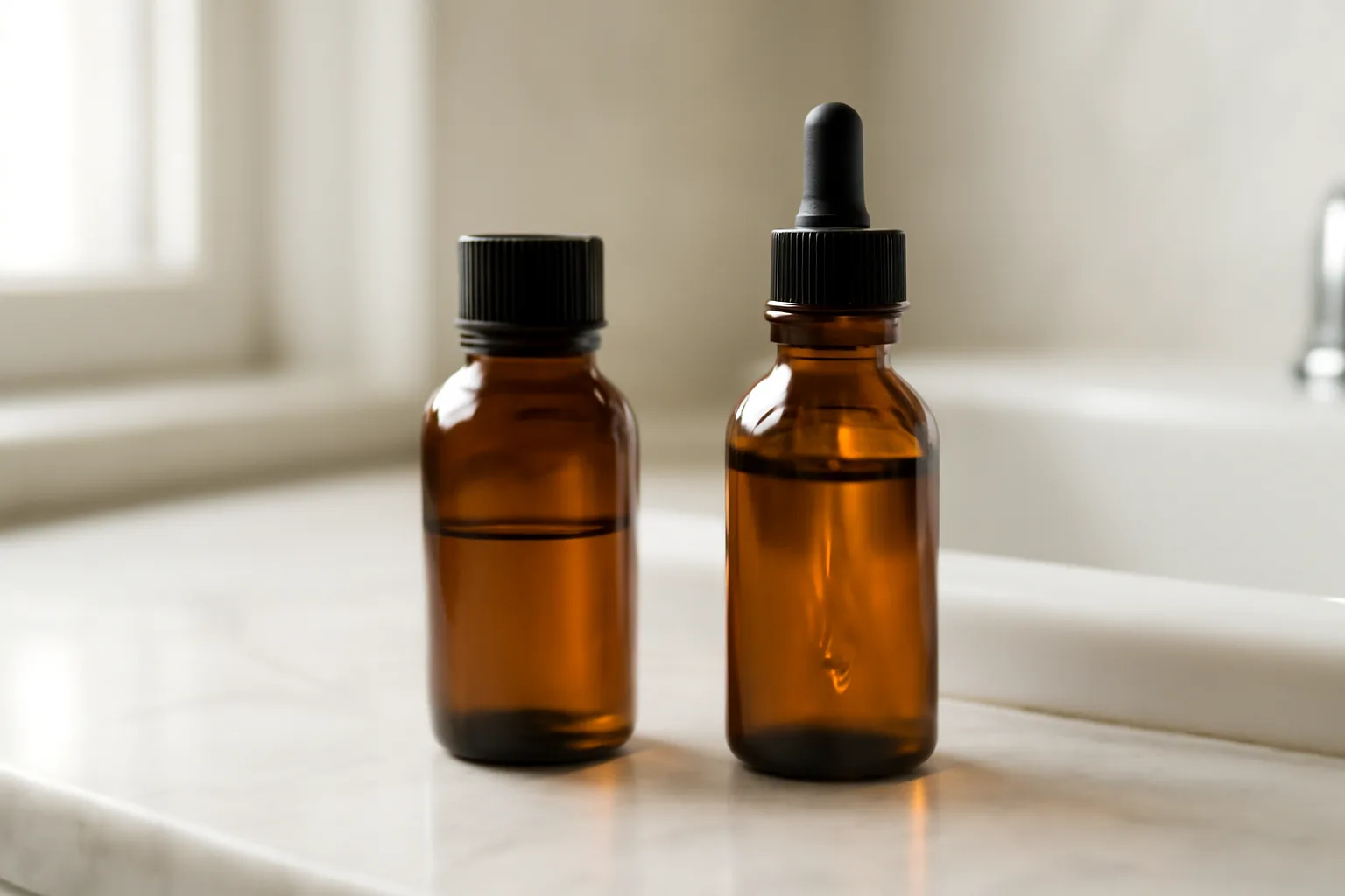 Two amber serum bottles on marble counter illustrating separate skincare product use