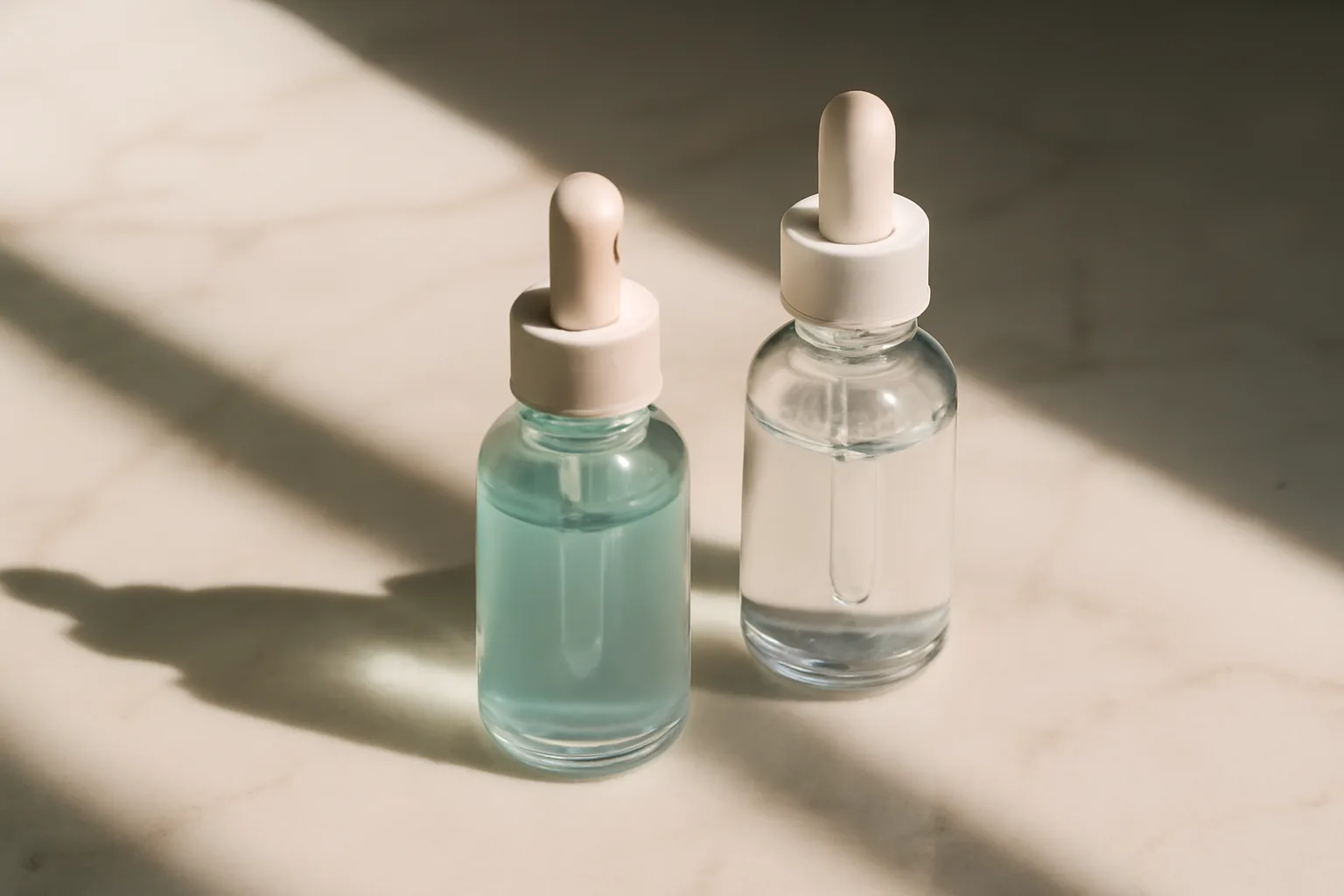 Two unlabeled serum bottles on marble counter with morning light